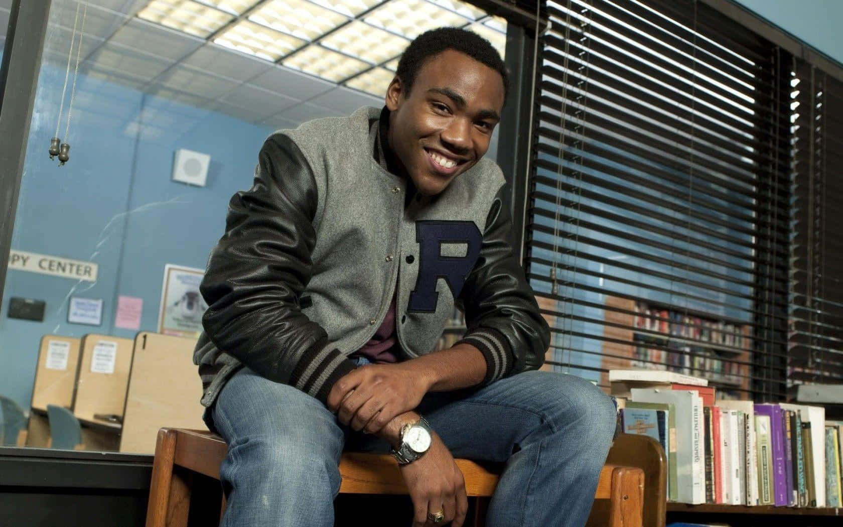 Donald Glover, gray leather jacket, wooden chair, HD Desktop Wallpaper