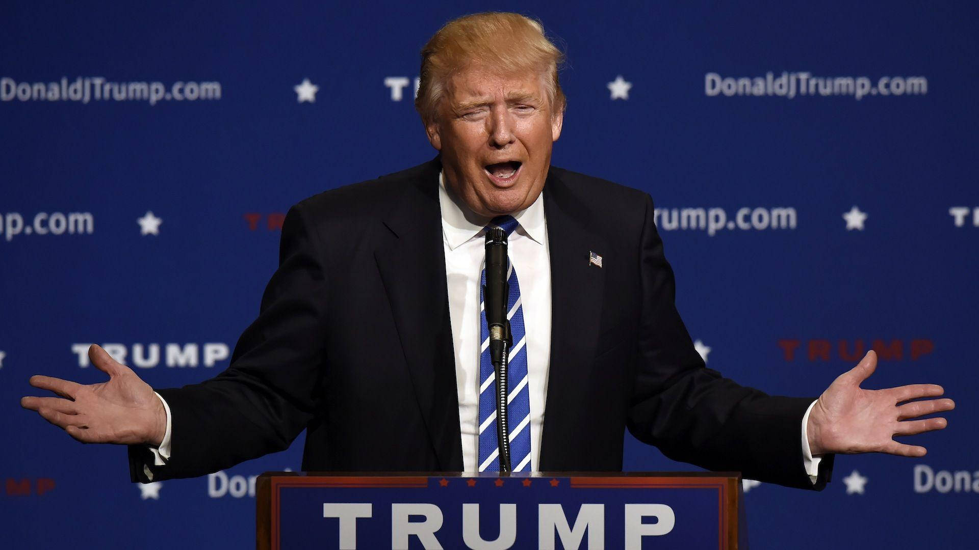 Donald Trump, podium, blue backdrop, Full HD Desktop Wallpaper