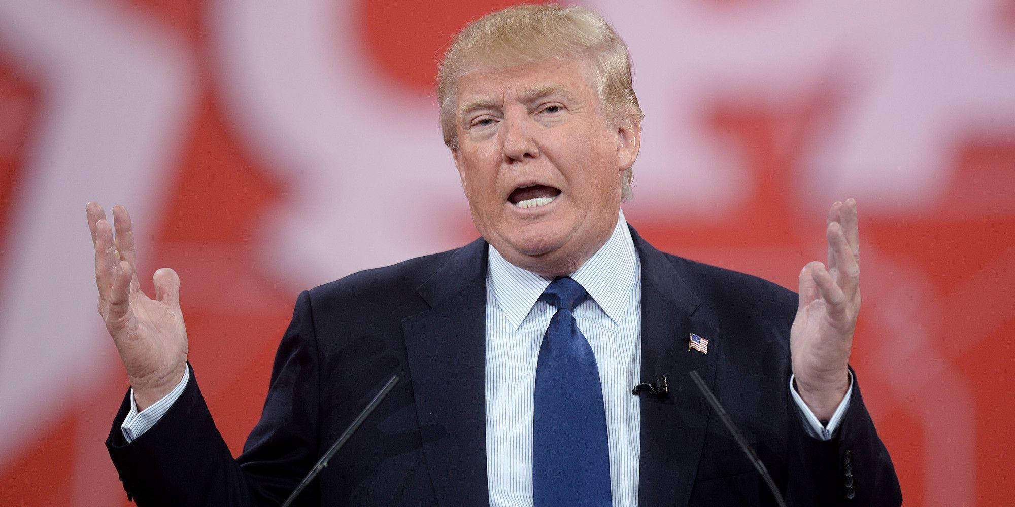 Donald Trump, podium, red backdrop, Full HD Desktop Wallpaper