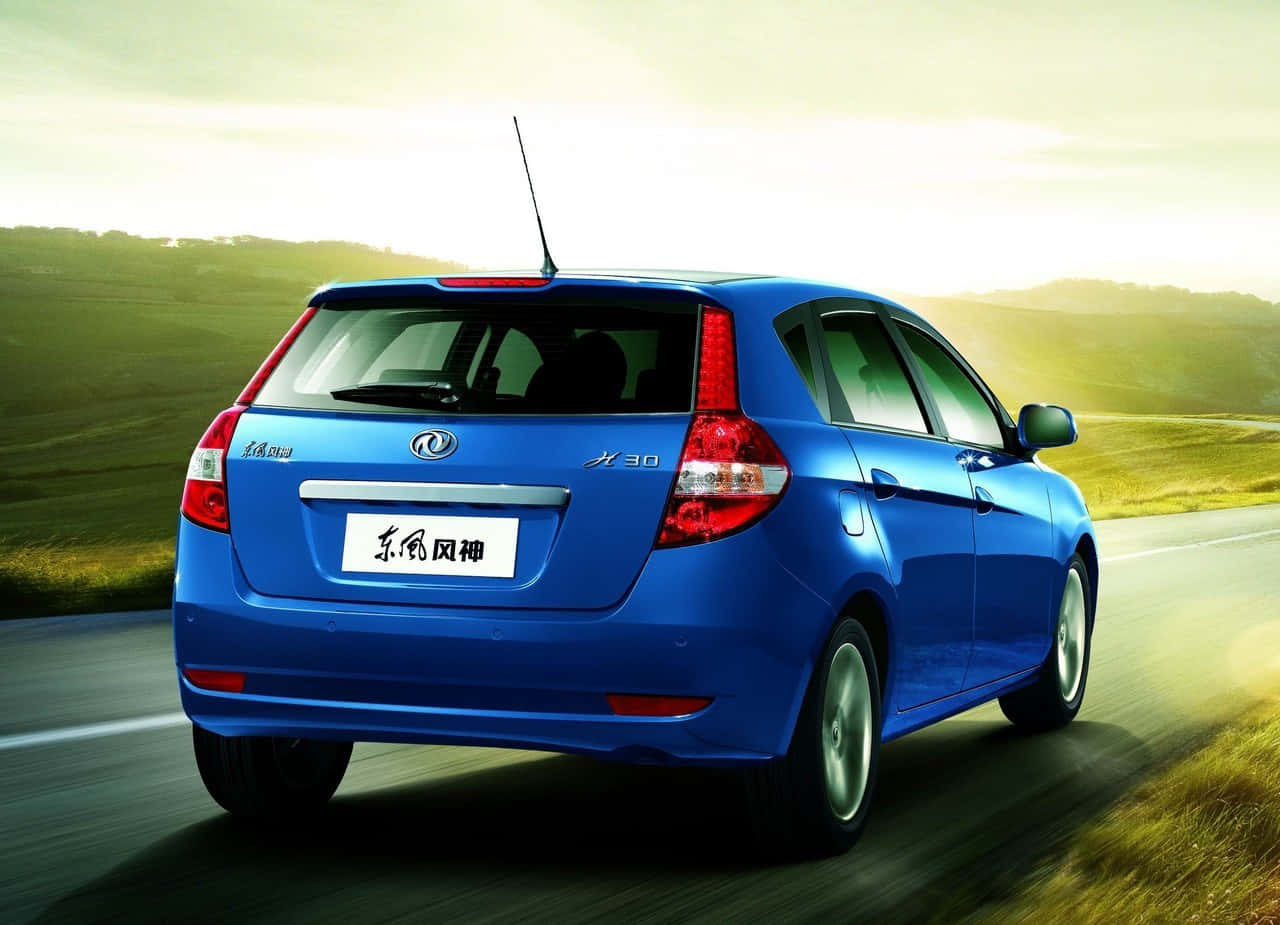 Dongfeng, vibrant blue hatchback, winding road, HD Desktop Wallpaper