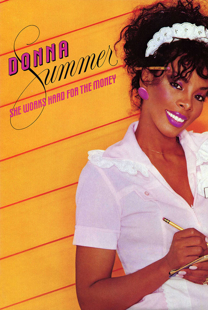 Donna Summer, white lace-trimmed shirt, vibrant yellow wooden wall, SD Phone Wallpaper