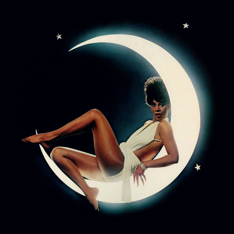 Donna Summer, white dress, glowing crescent moon, SD Desktop Wallpaper