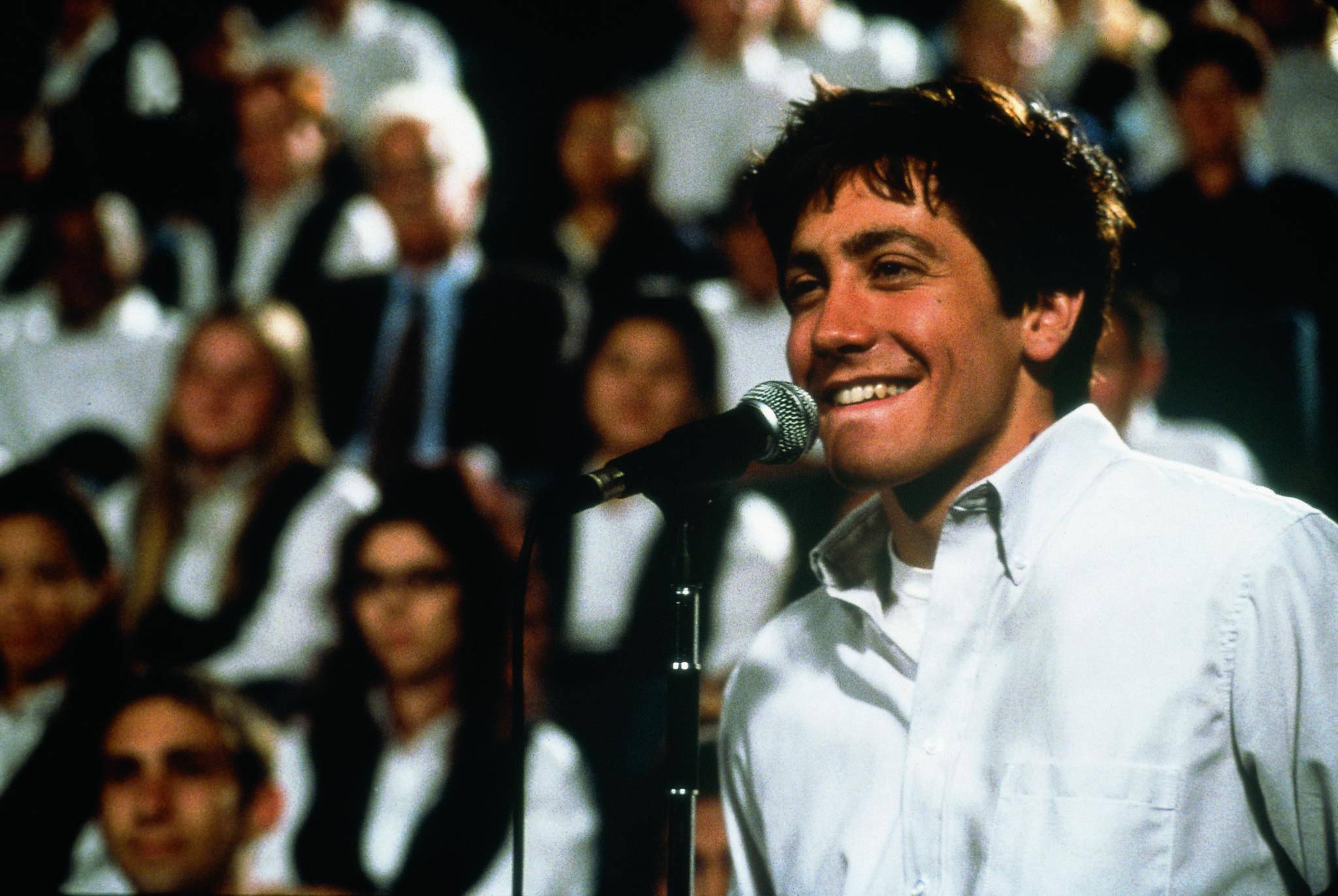 Donnie Darko, white shirt, microphone, Full HD Desktop Wallpaper