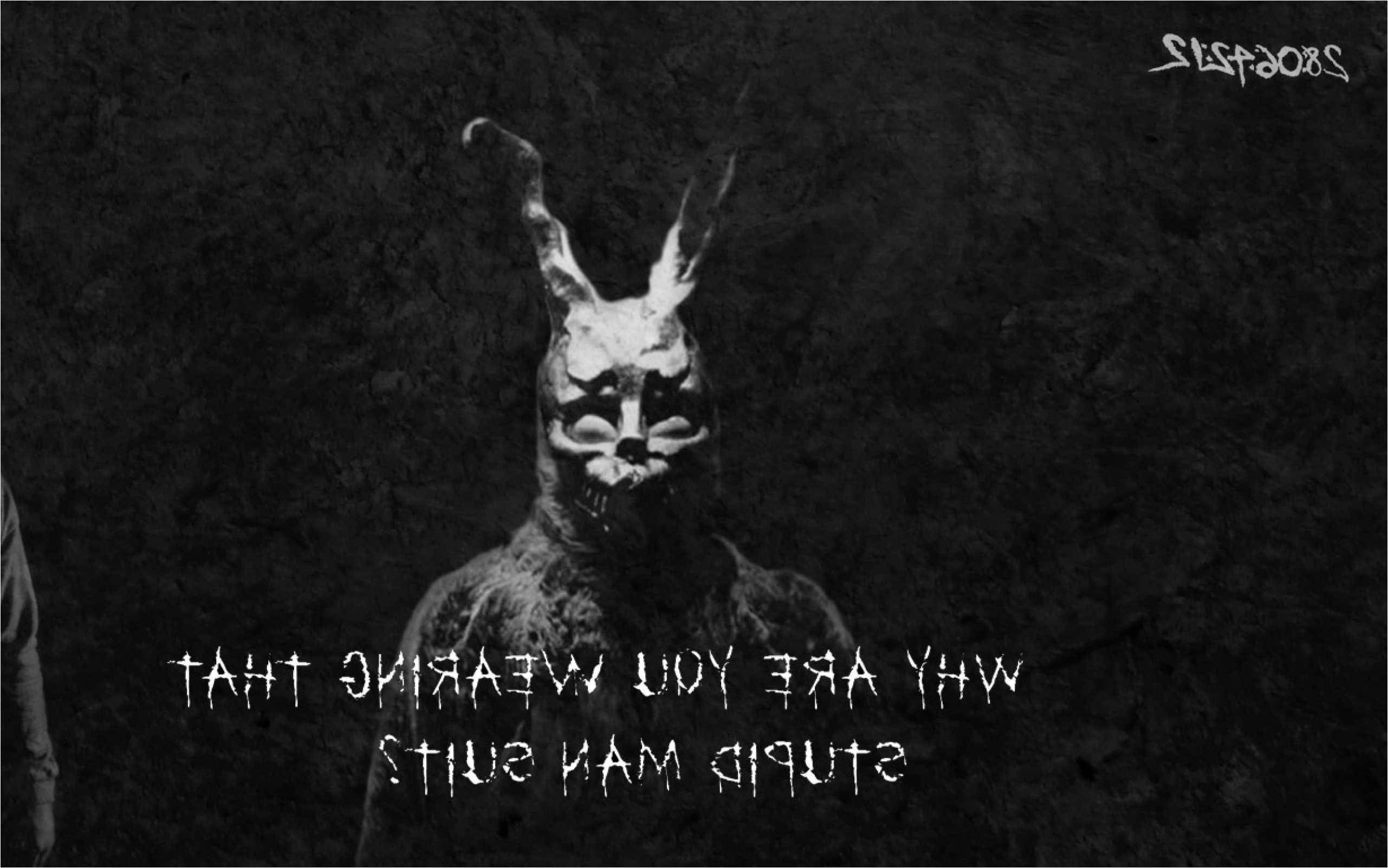 Donnie Darko, rabbit-headed figure, eerie white text, 2K Desktop Wallpaper