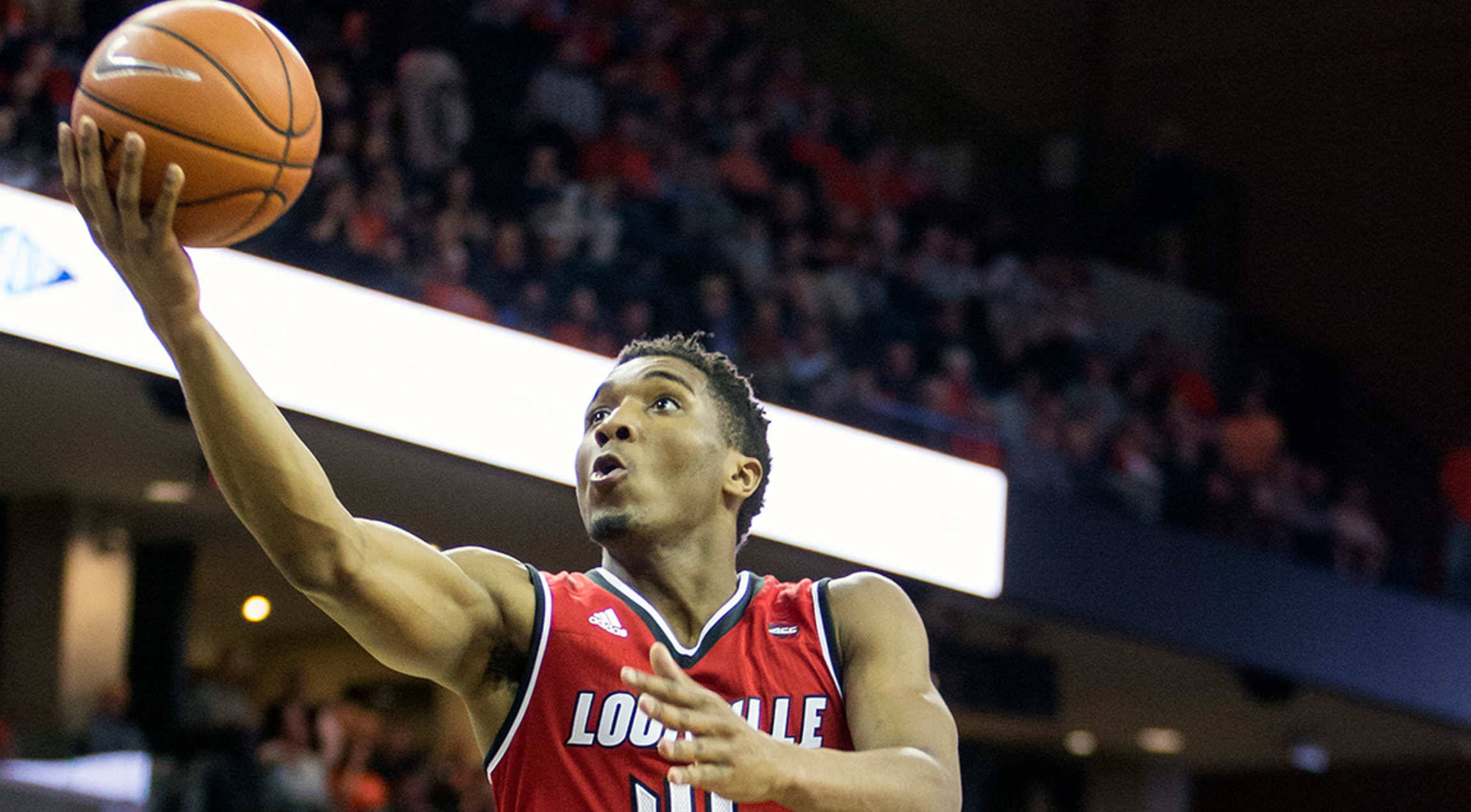 Donovan Mitchell, red Louisville jersey, arena lights, Full HD Desktop Wallpaper