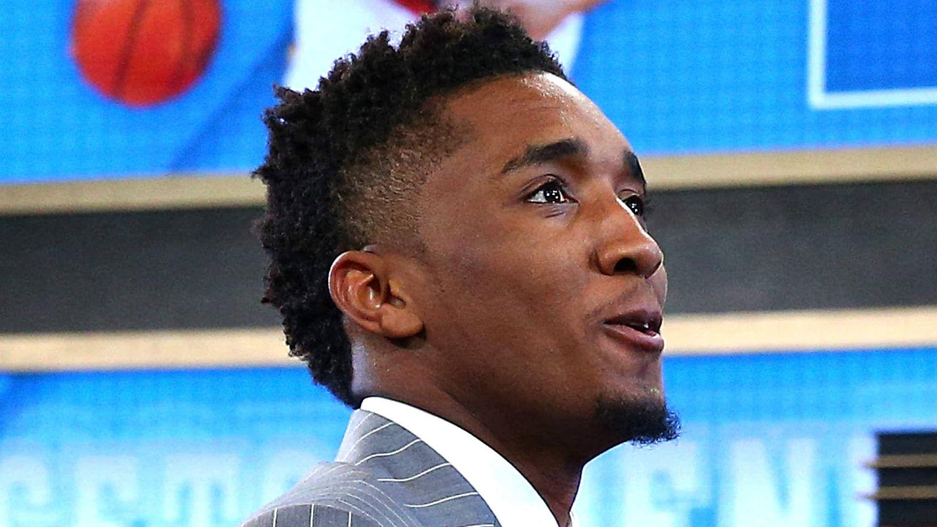 Donovan Mitchell, pinstripe suit, blue arena backdrop, Full HD Desktop Wallpaper