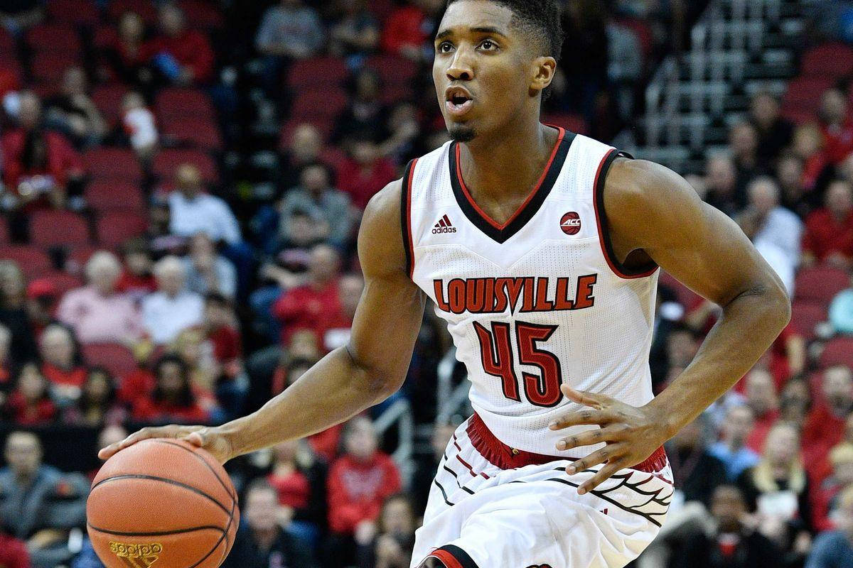 Donovan Mitchell, white Louisville jersey, dribble, SD Desktop Wallpaper