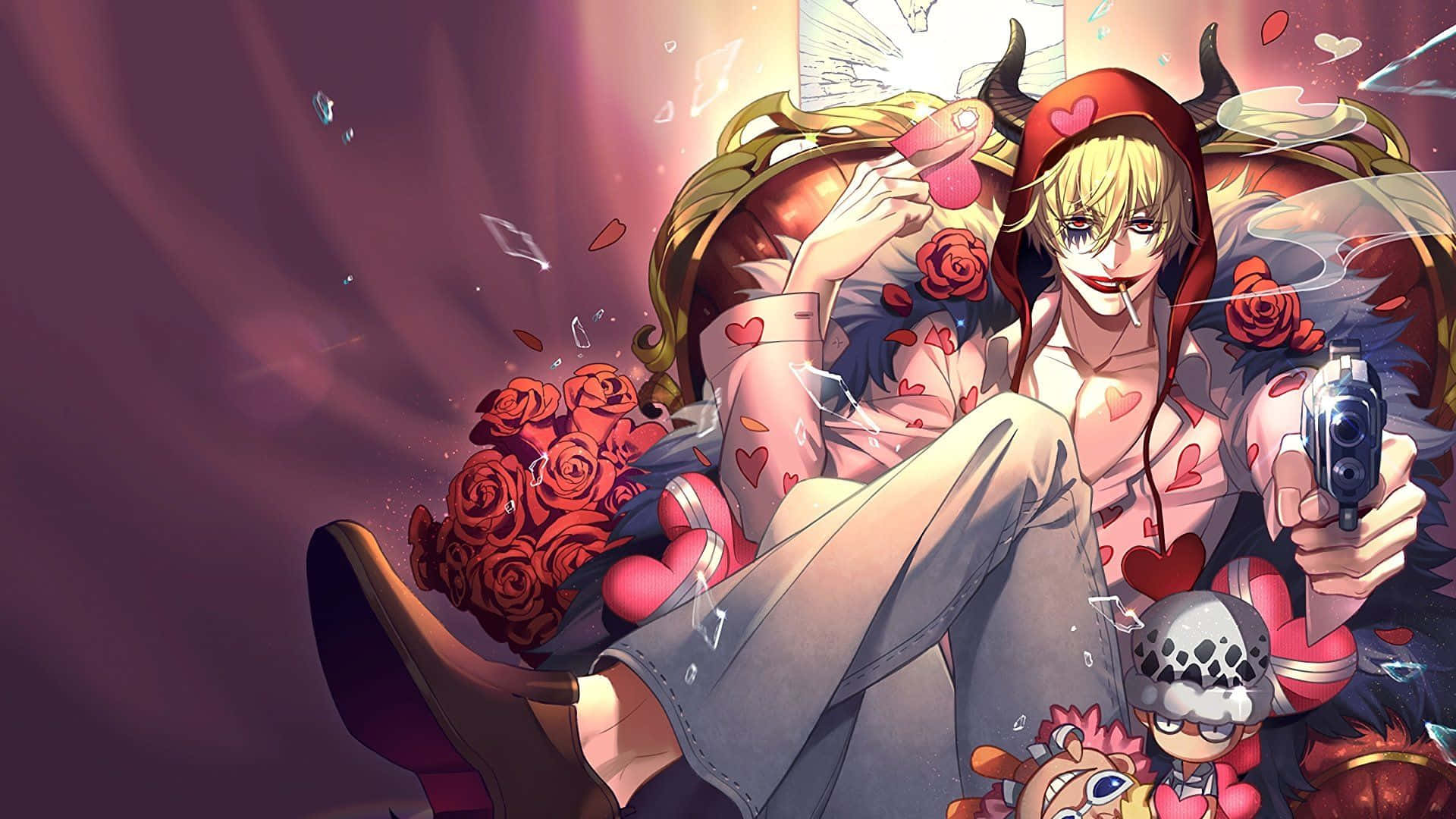 Donquixote Doflamingo, devil-themed anime character, roses, Full HD Desktop Wallpaper