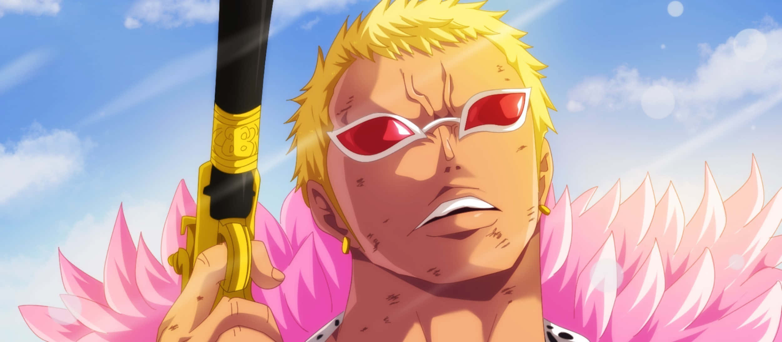 Donquixote Doflamingo, pink feathered coat, red sunglasses, Full HD Desktop Wallpaper