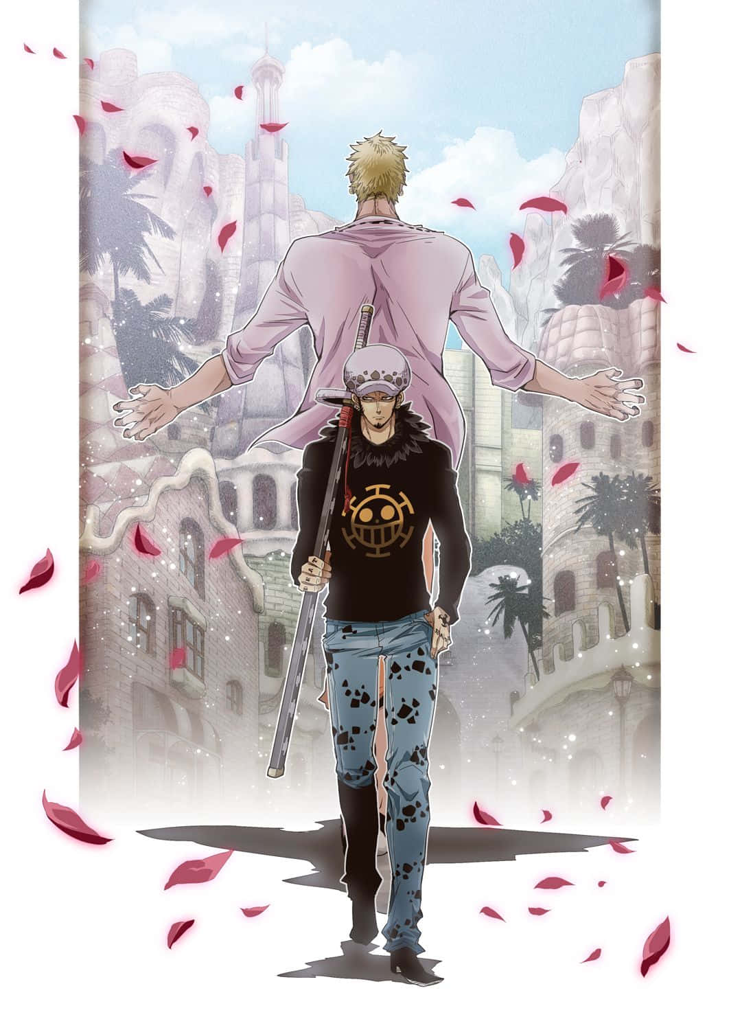 Donquixote Doflamingo, sunlit fantasy cityscape, red petals, HD Phone Wallpaper