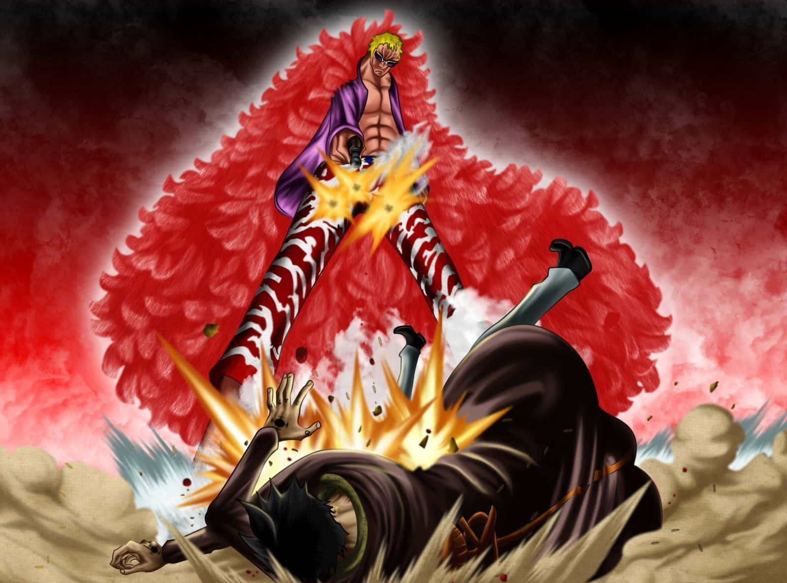 Donquixote Doflamingo, purple coat, red aura, HD Desktop Wallpaper