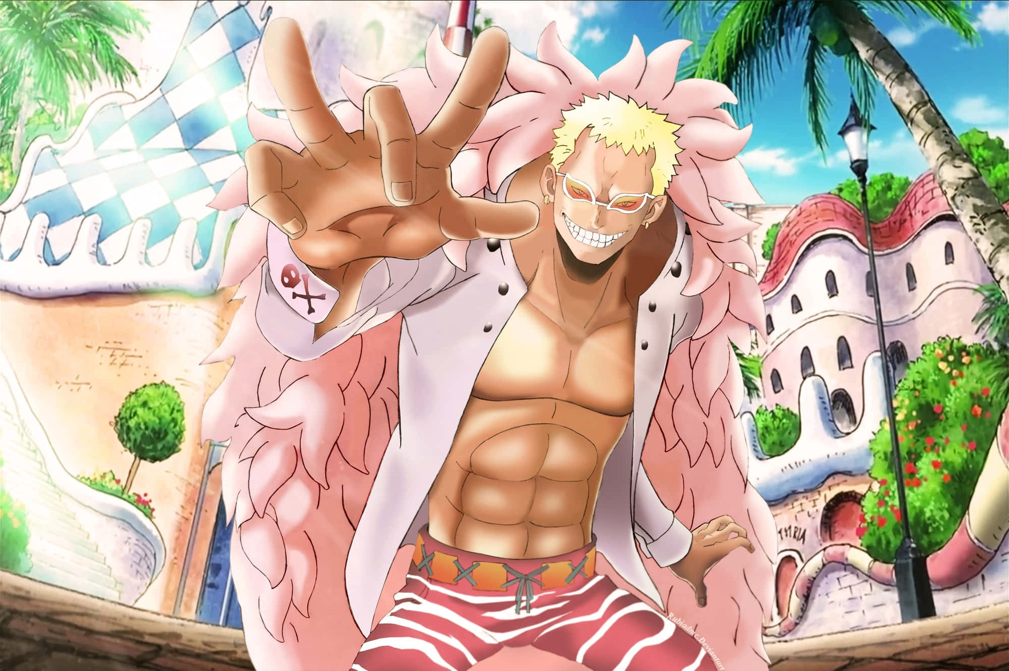 Donquixote Family, spiky blonde hair, pink feathered coat, Full HD Desktop Wallpaper