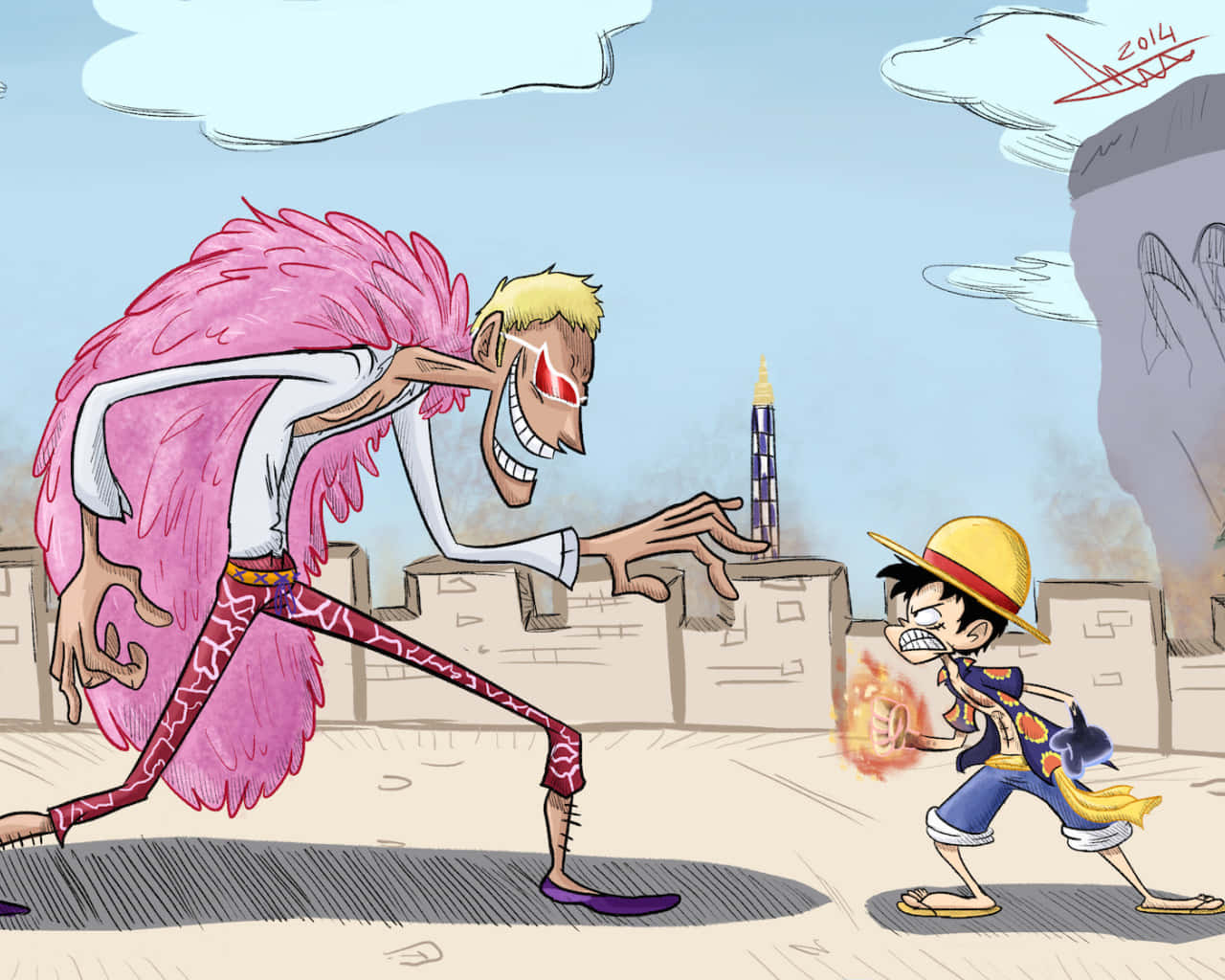 Donquixote Family, battle mode, giant pink-feathered anime villain, HD Desktop Wallpaper