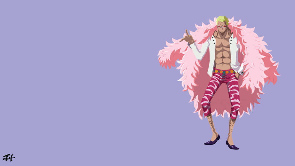 Donquixote Family, pink feathered coat, lavender background, SD Desktop Wallpaper