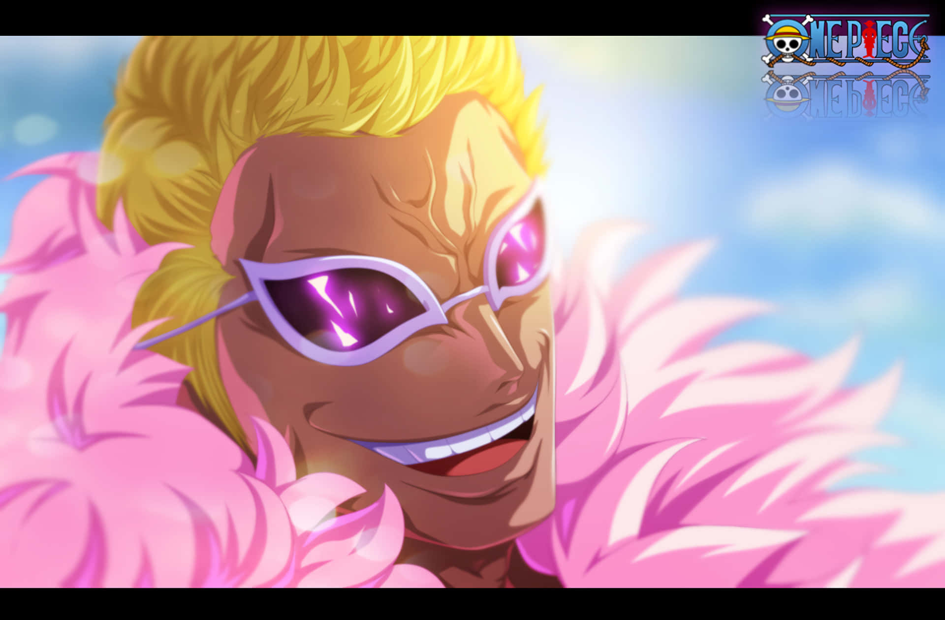 Donquixote Family, spiky blonde hair, glowing pink sunglasses, Full HD Desktop Wallpaper