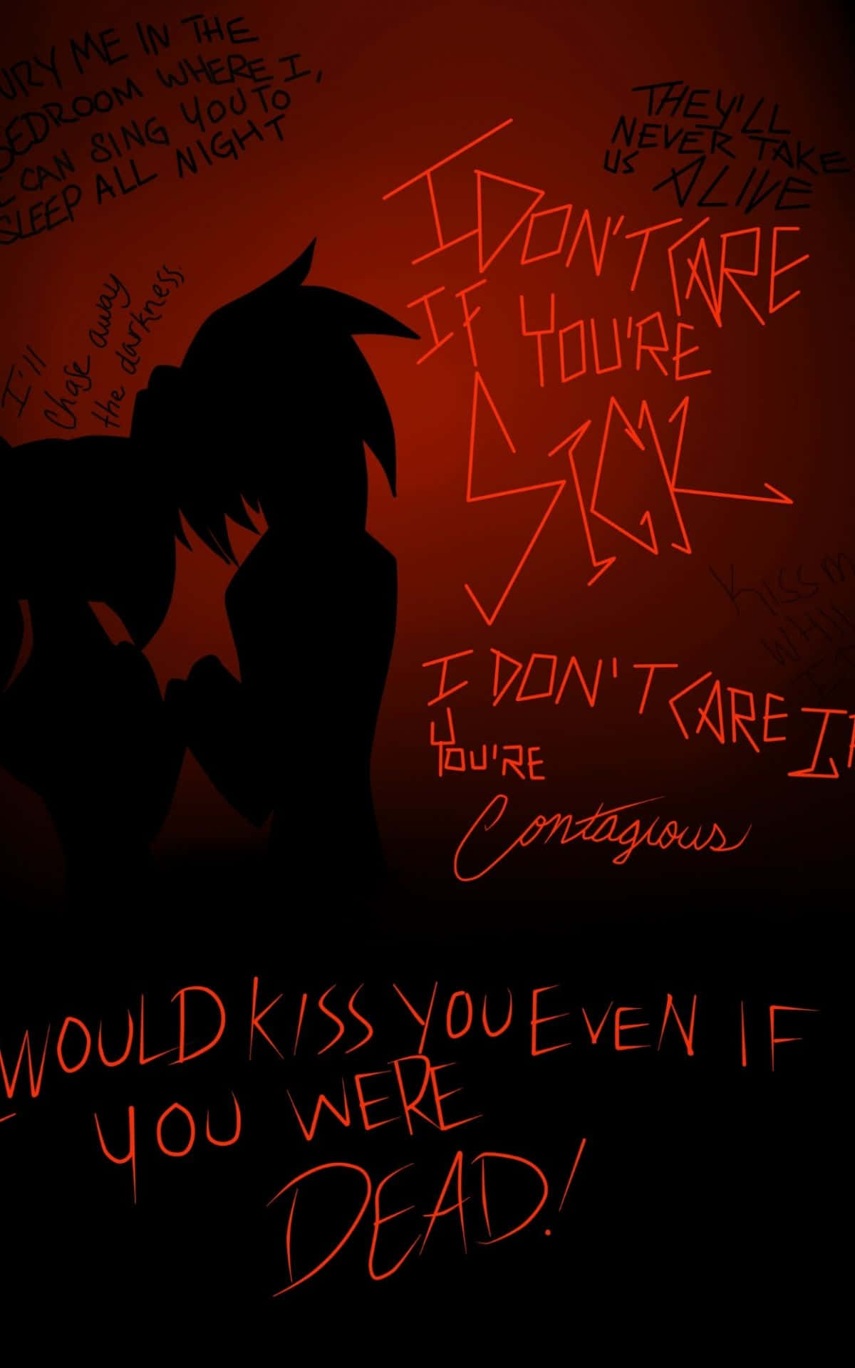 blood-red background, bold handwritten text, anime figures, Full HD Phone Wallpaper