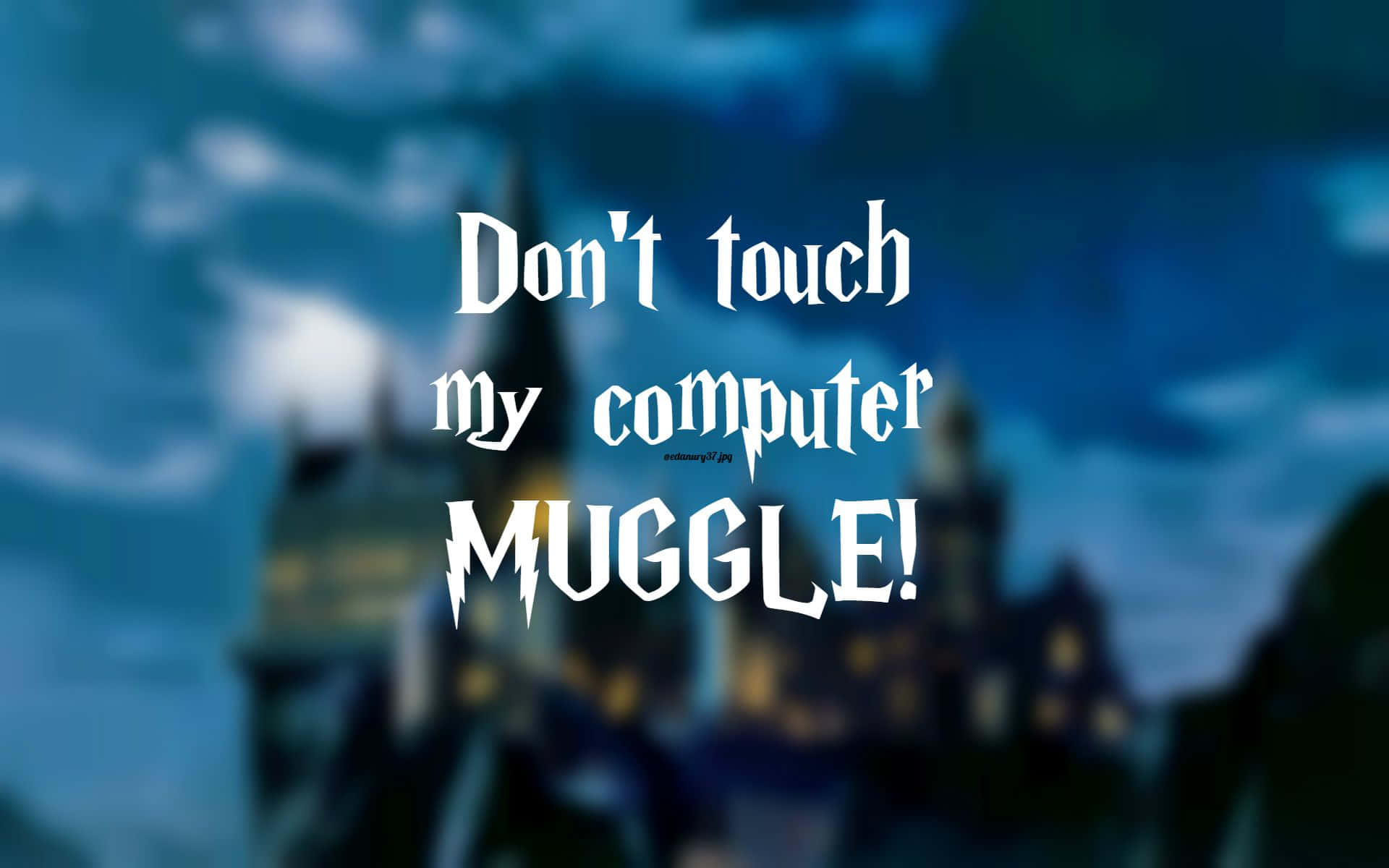Don't touch my computer MUGGLE, moody blue sky, blurred castle silhouette, Full HD Desktop Wallpaper