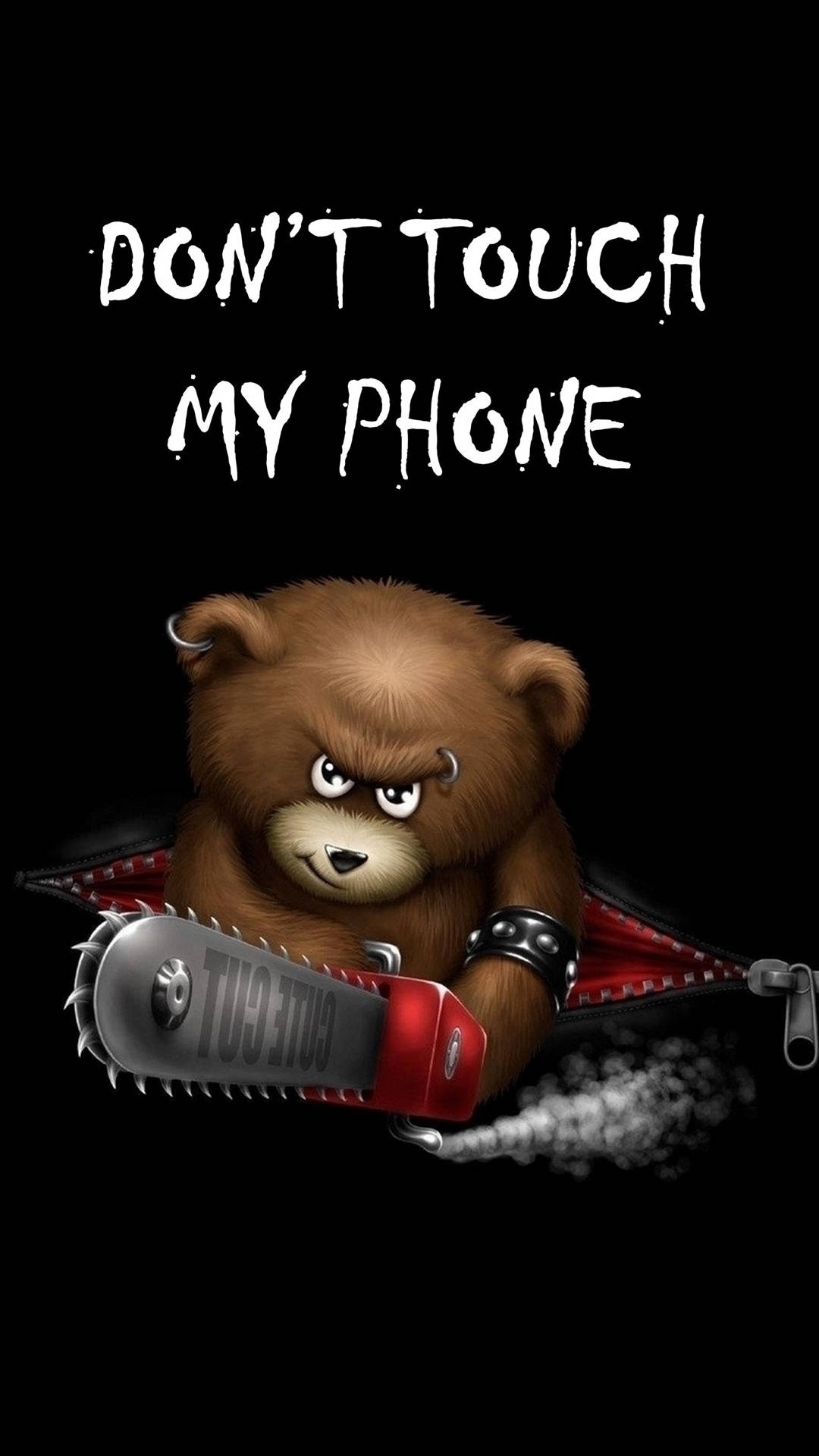 Don't Touch My Phone, bear, chainsaw, Full HD Phone Wallpaper