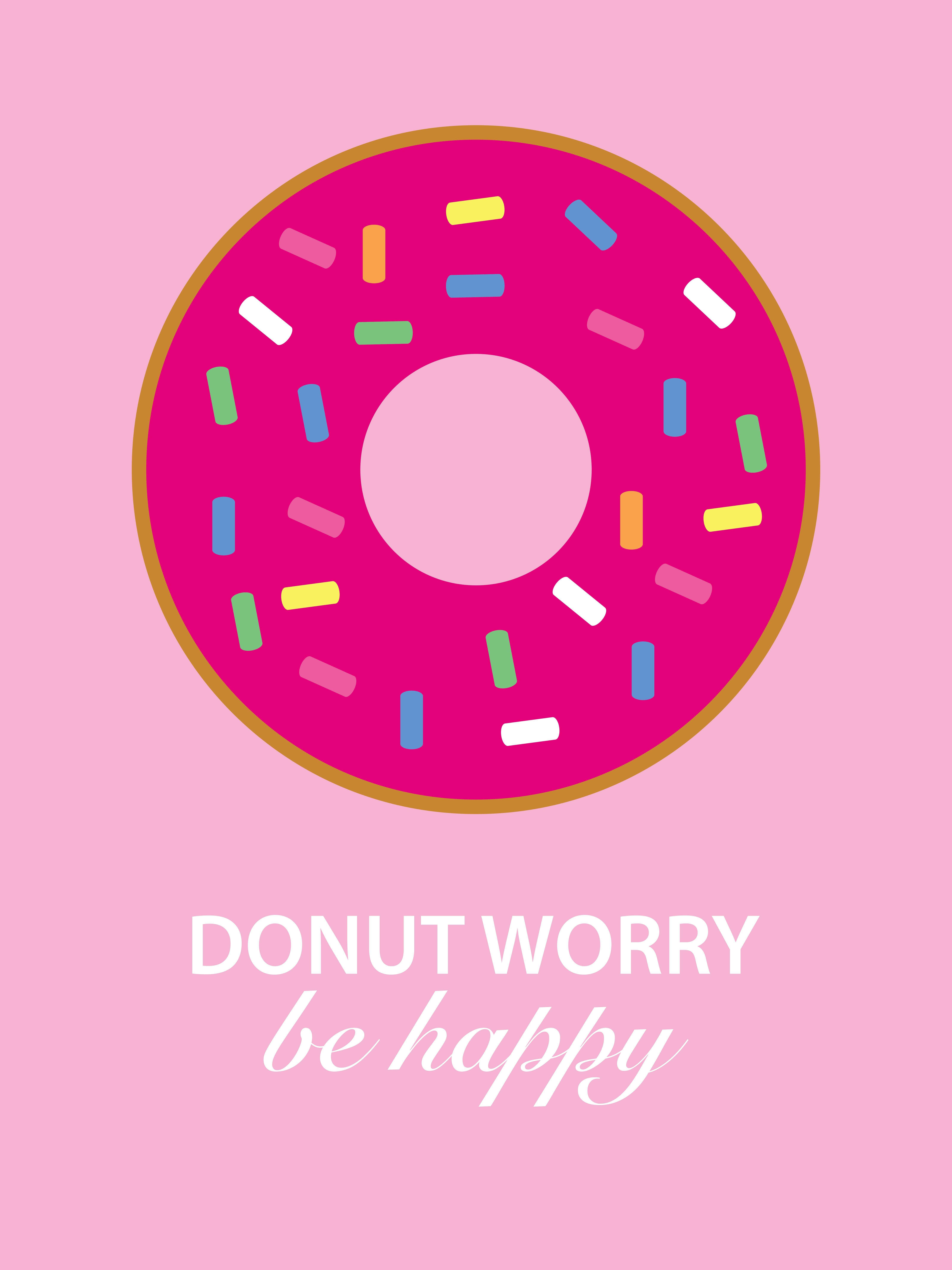Dont Worry Be Happy, bright pink donut, colorful sprinkles, 8K Phone Wallpaper