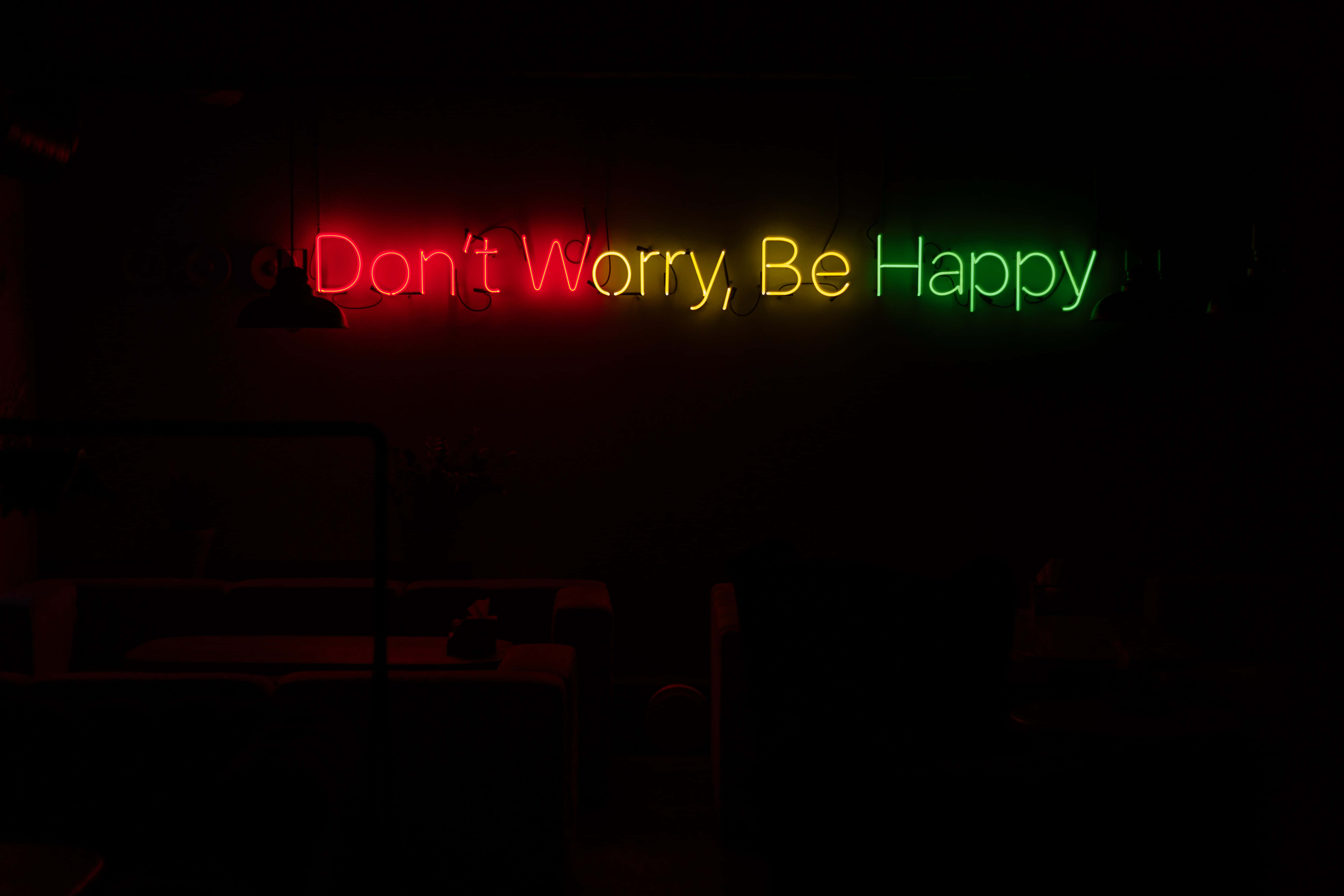 Don't Worry, Be Happy, neon sign, red yellow and green, 5K Desktop Wallpaper