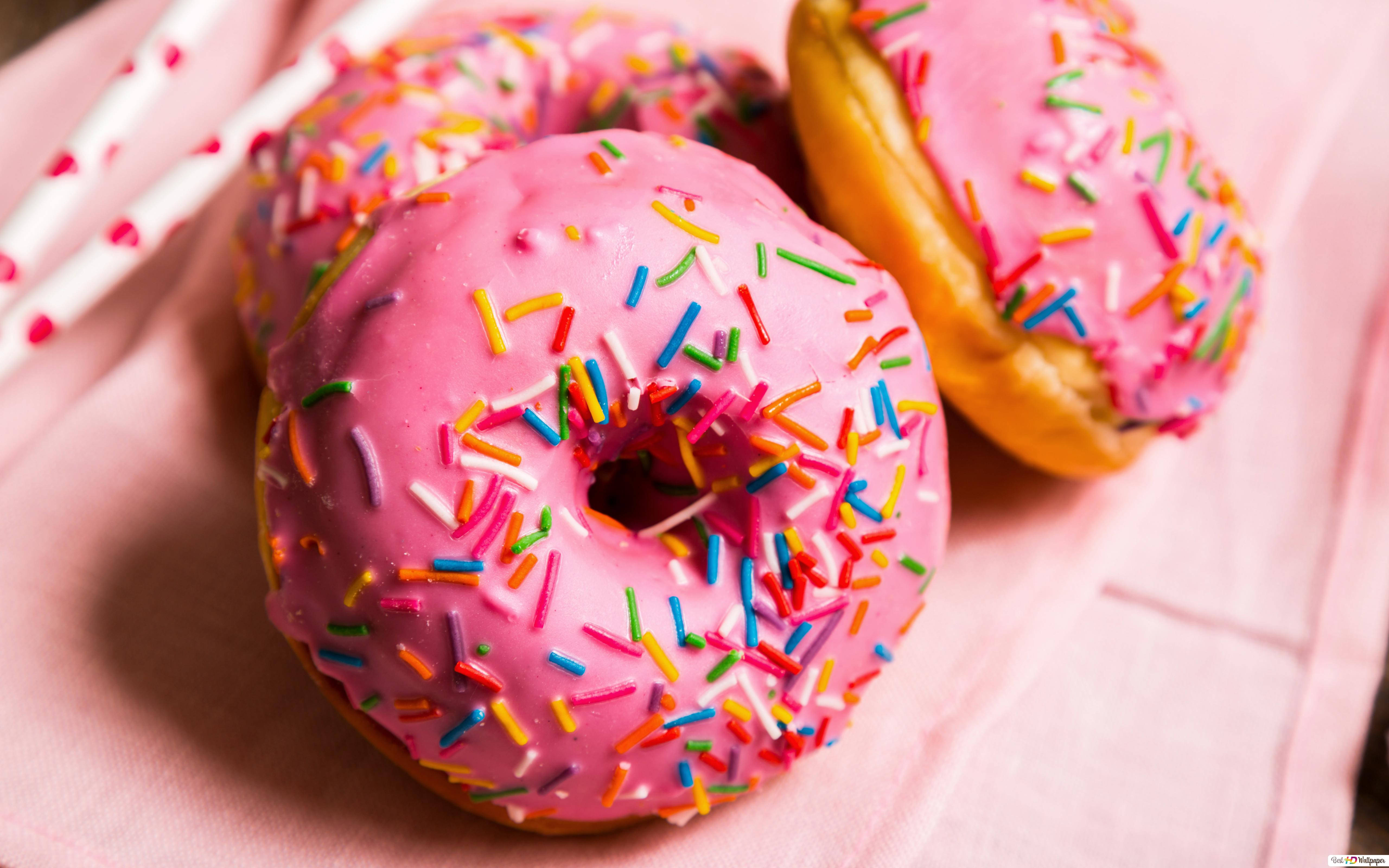 pretty pink donuts, pink-frosted donuts, colorful sprinkles, 5K Desktop Wallpaper