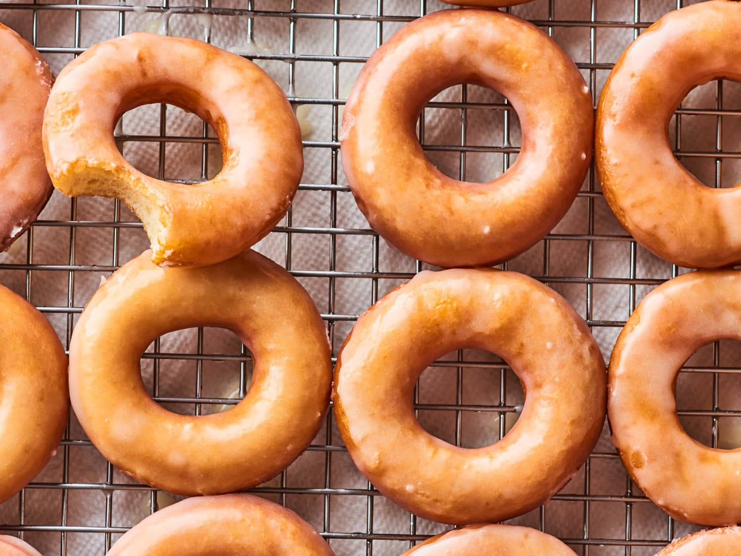 thin glazed donuts, golden glazed, bitten, HD Desktop Wallpaper