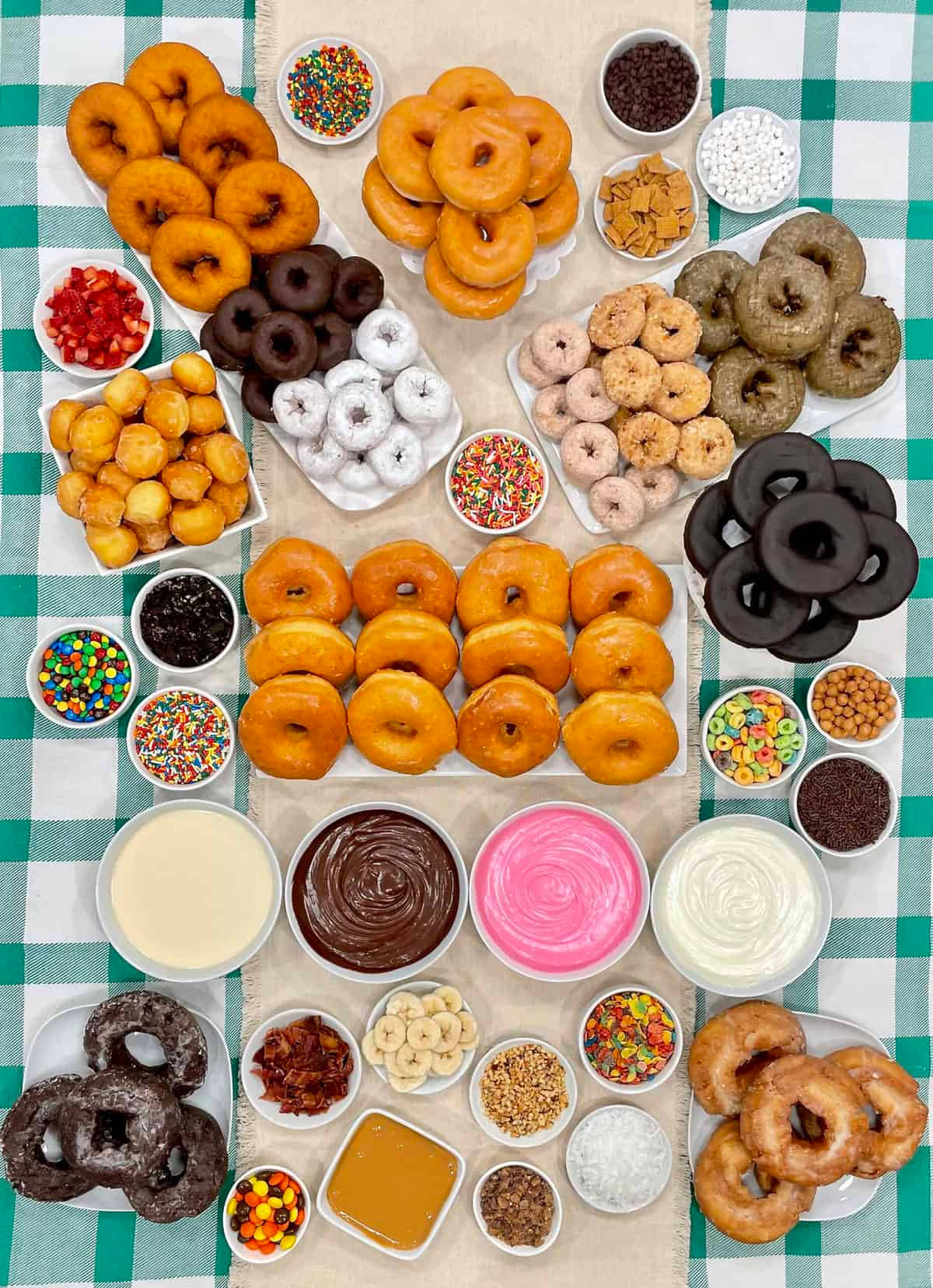 donut buffet, glazed chocolate sprinkled and filled donuts, green and white checkered tablecloth, HD Phone Wallpaper