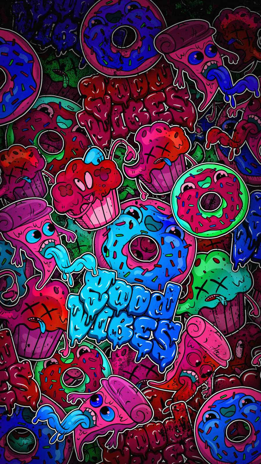 cartoonish donuts, cupcakes with faces and limbs, chaotic colorful graffiti style, HD Phone Wallpaper