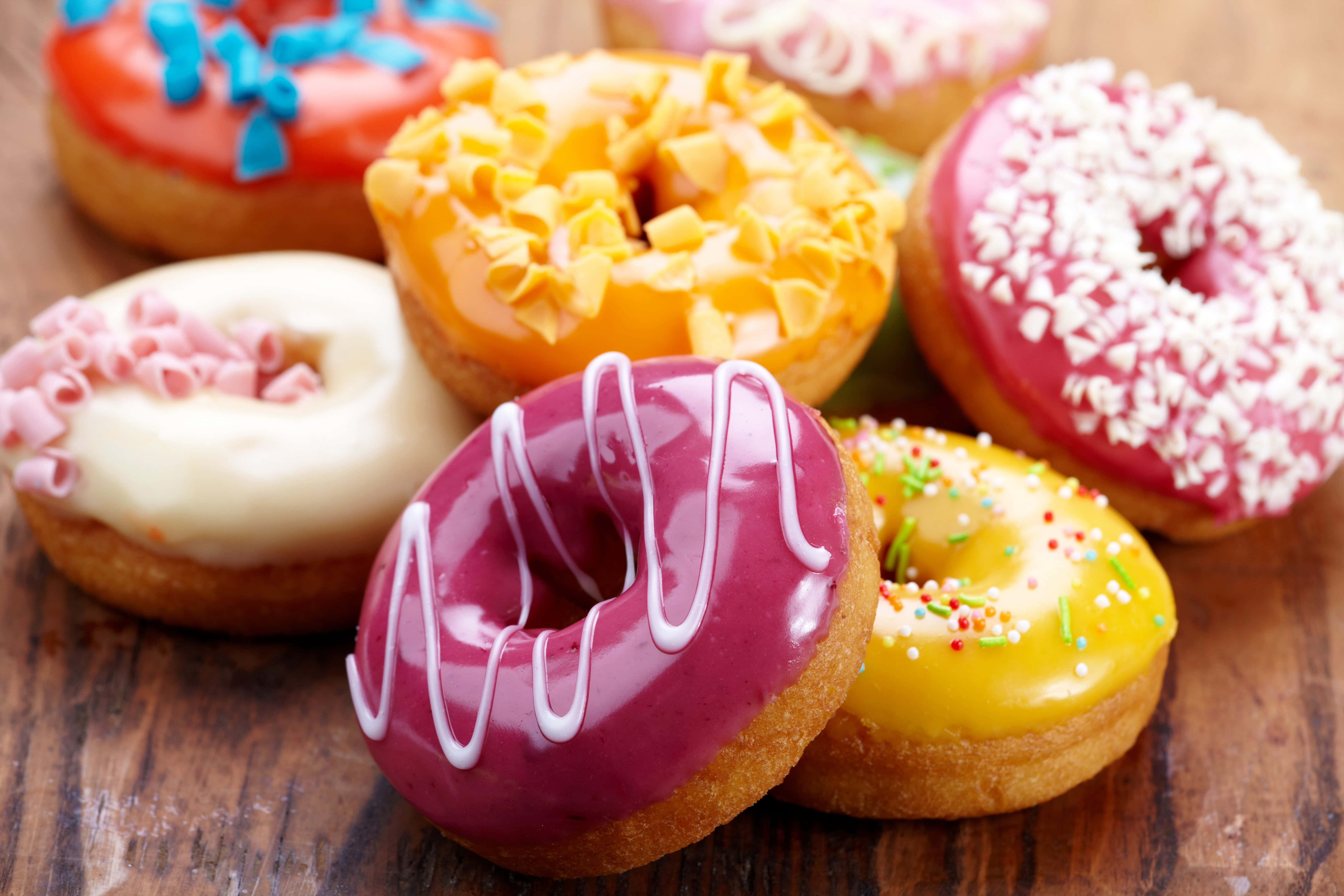 yummy donuts, glazed donuts, colorful toppings, 5K Desktop Wallpaper
