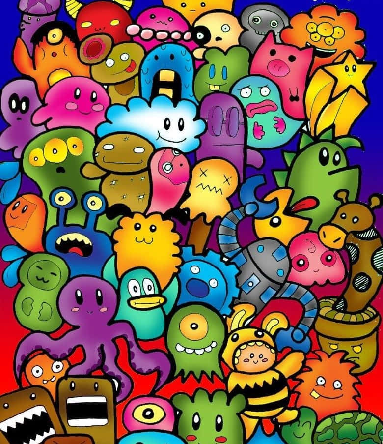 Cute Colorful Doodle Character, colorful cartoon monsters, expressive faces, SD Phone Wallpaper