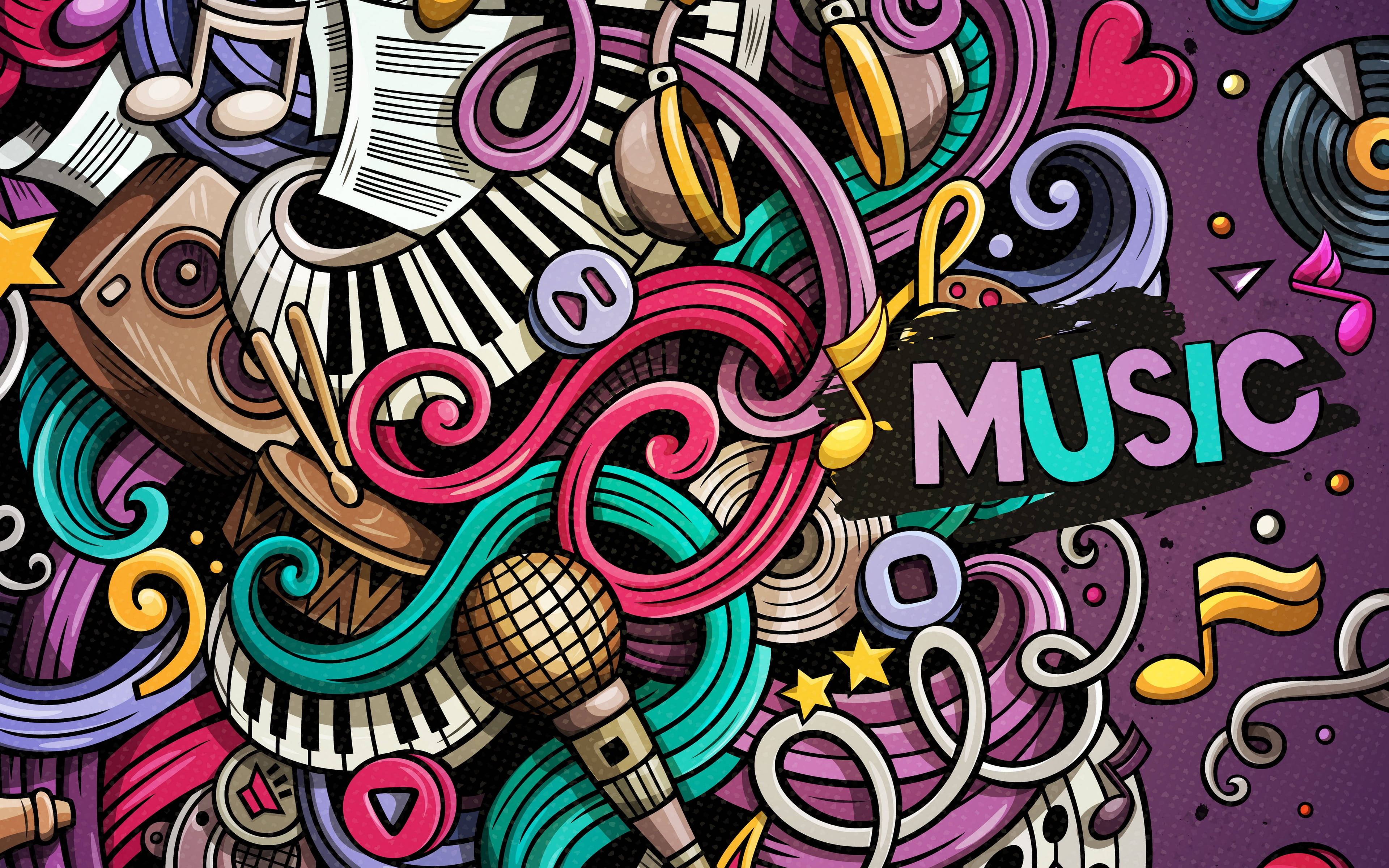 colorful, creative music doodle, vibrant cartoon-style illustration, 4K Desktop Wallpaper