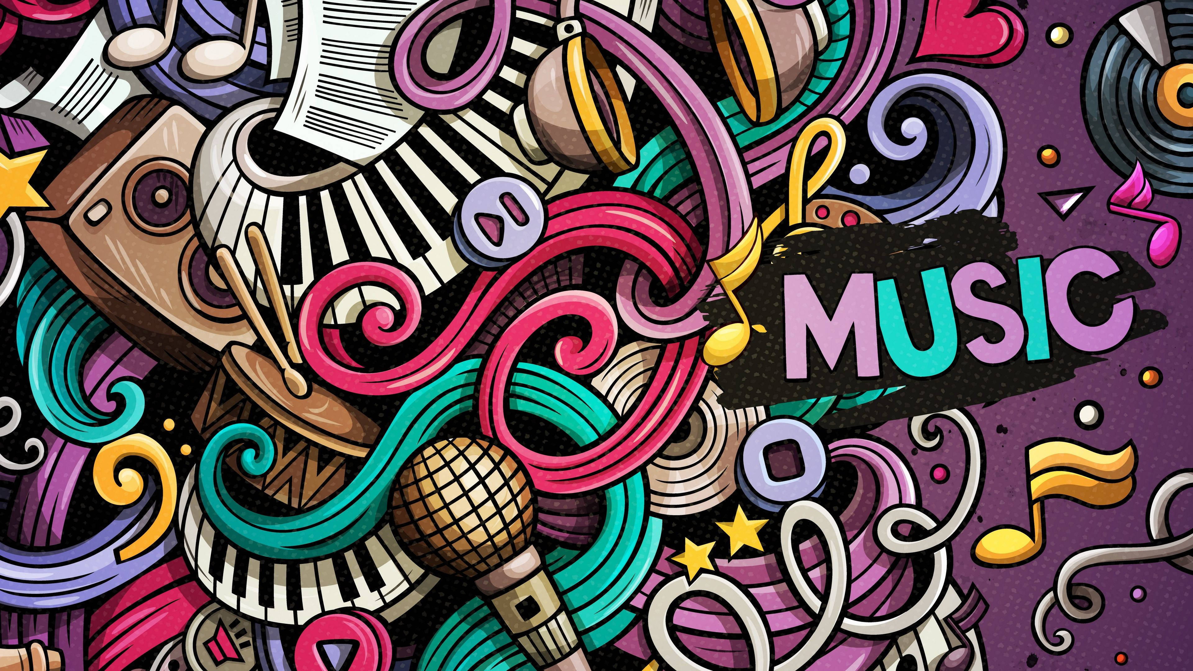 Music 4K Doodle, cartoon-style illustration, musical instruments, 4K Desktop Wallpaper