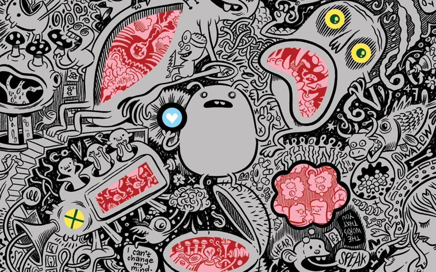 abstract doodles, crazy faces, black and white doodle collage, HD Desktop Wallpaper