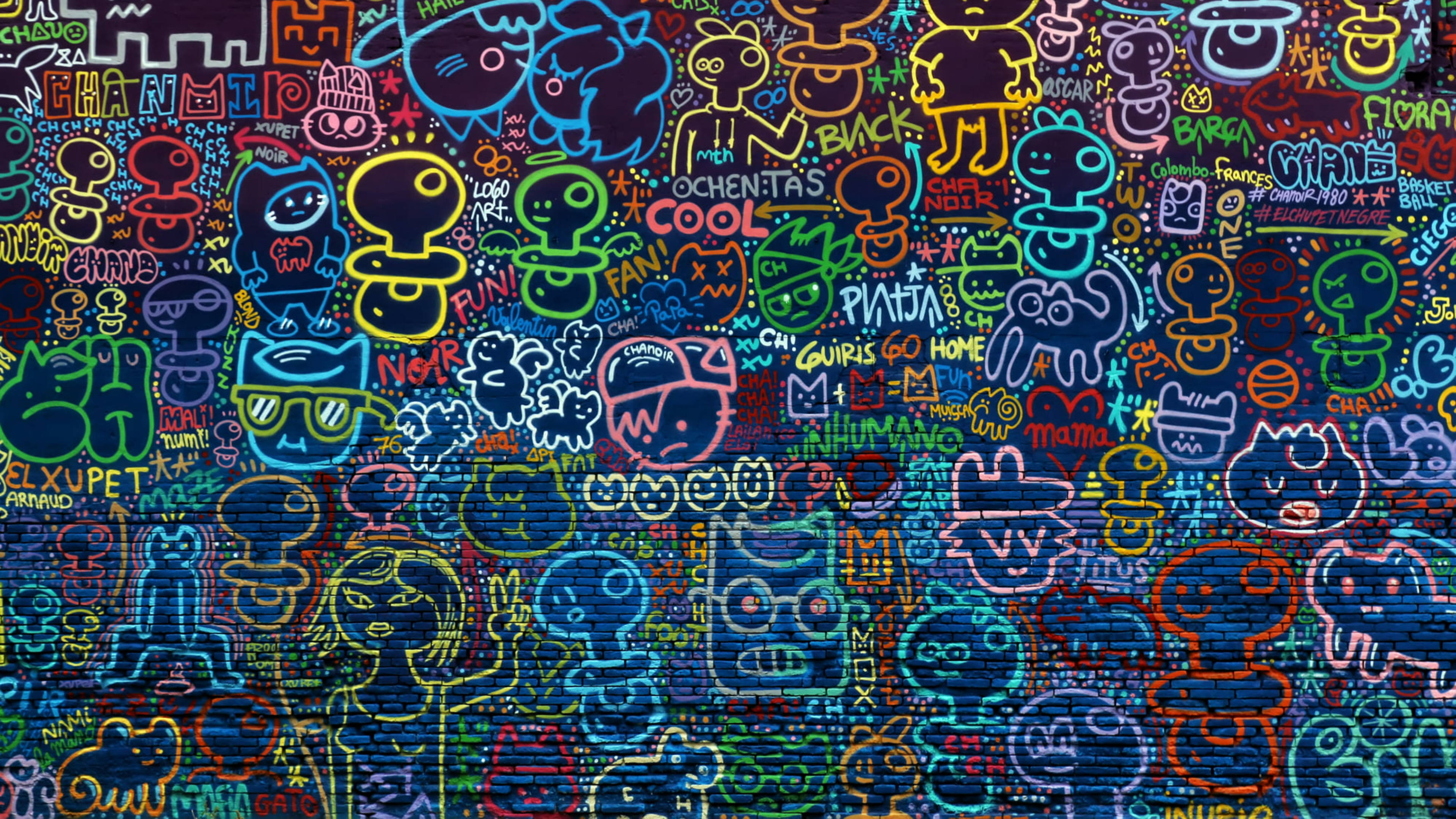 neon graffiti, colorful urban mural, dark brick wall, 4K Desktop Wallpaper