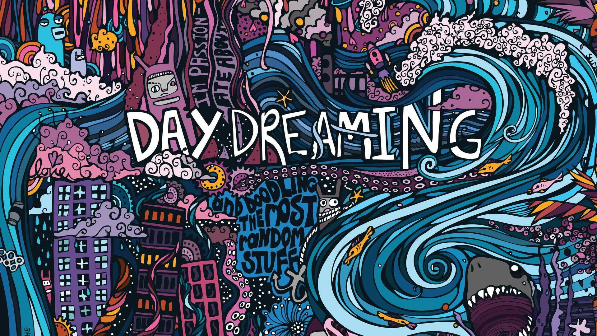 Creative Daydreaming Doodle, swirling ocean waves, cityscape, Full HD Desktop Wallpaper