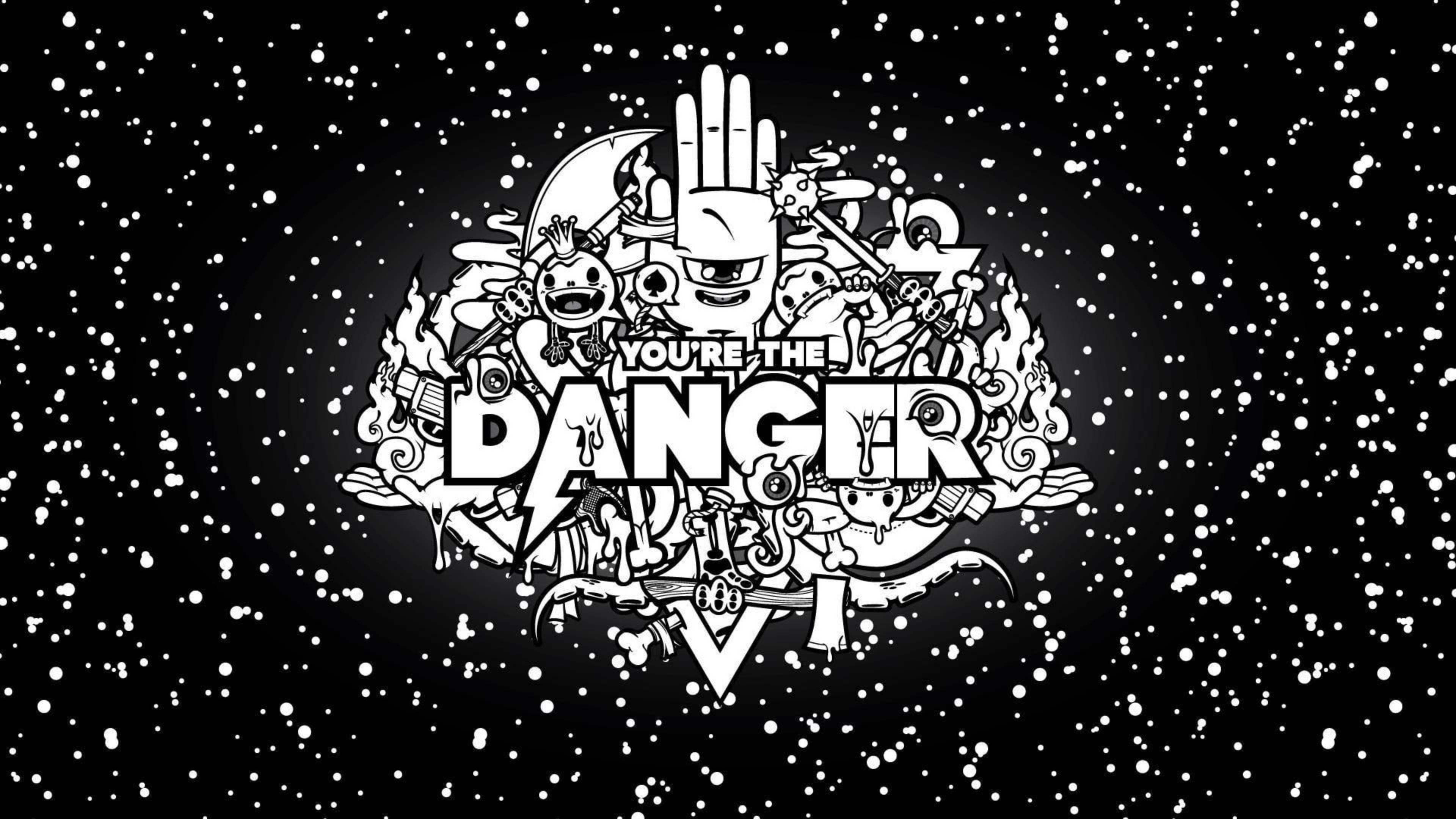 YOU'RE THE DANGER, graffiti-style logo, chaotic cartoon characters, 4K Desktop Wallpaper