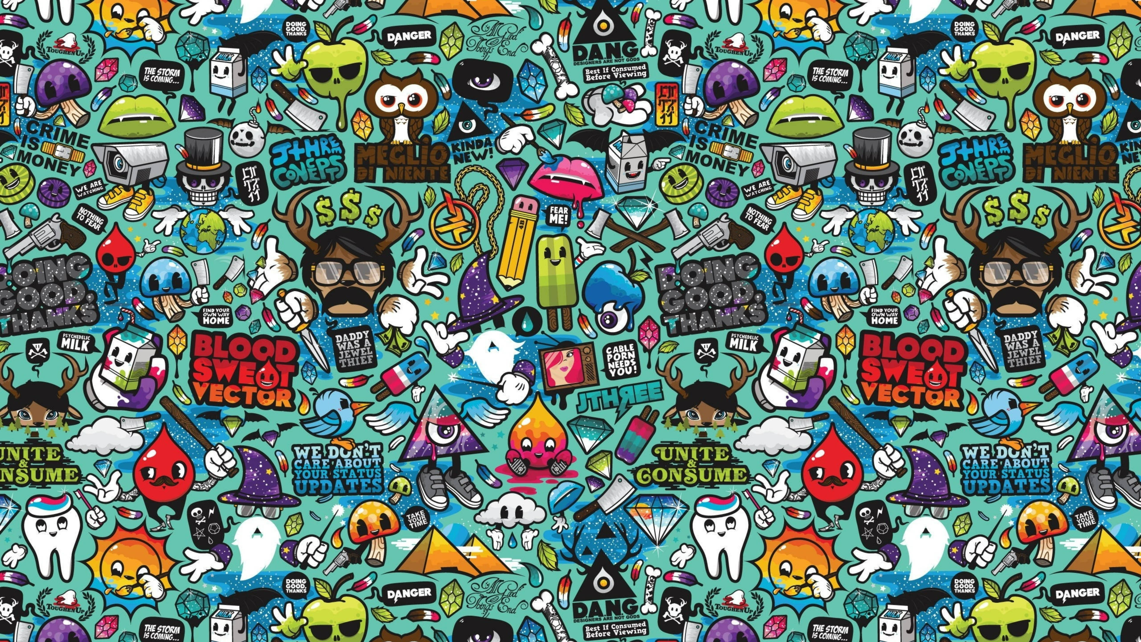 teal background, chaotic cartoon stickers, skulls, 4K Desktop Wallpaper