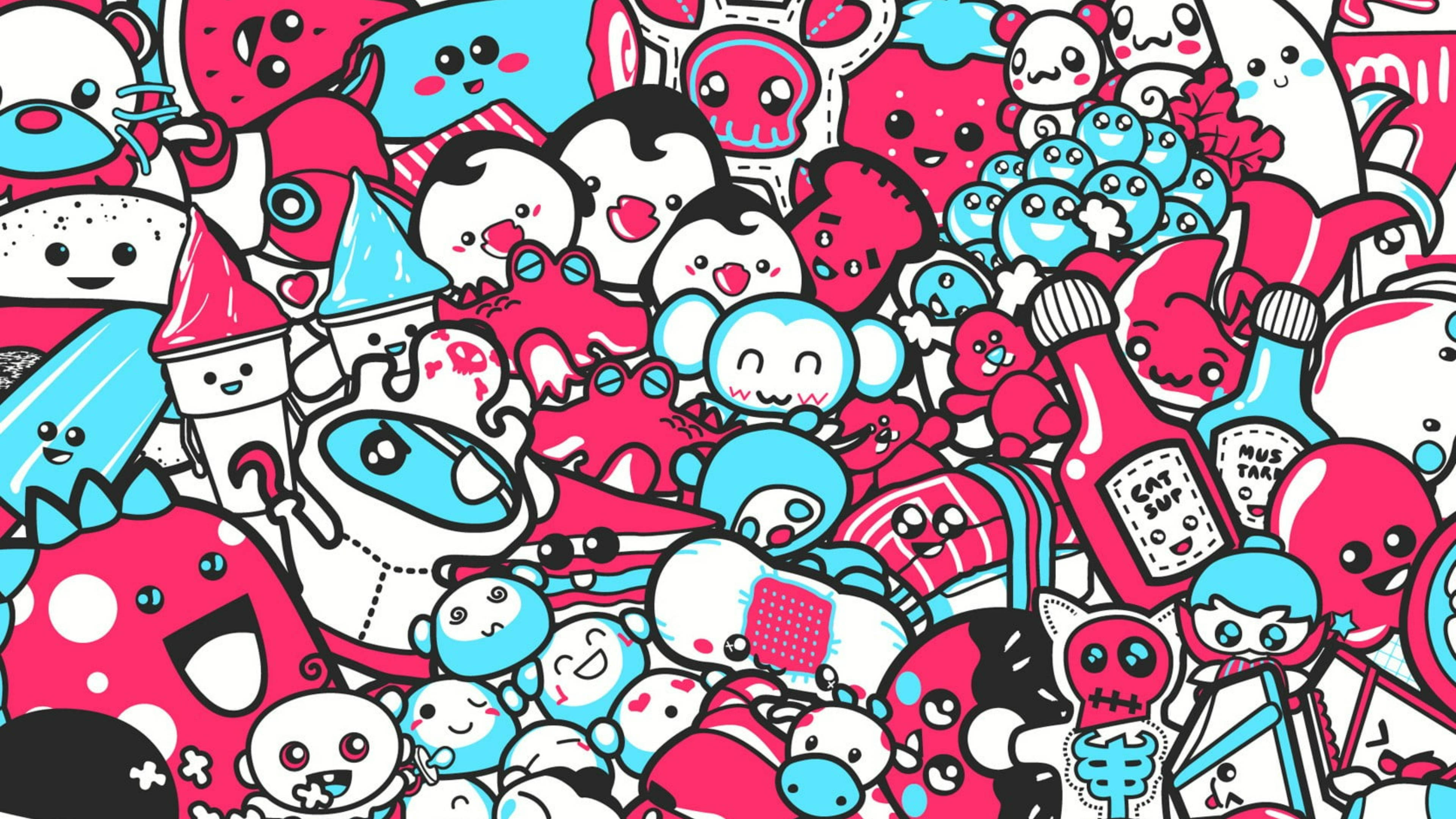 Doodle, pink, blue, 4K Desktop Wallpaper