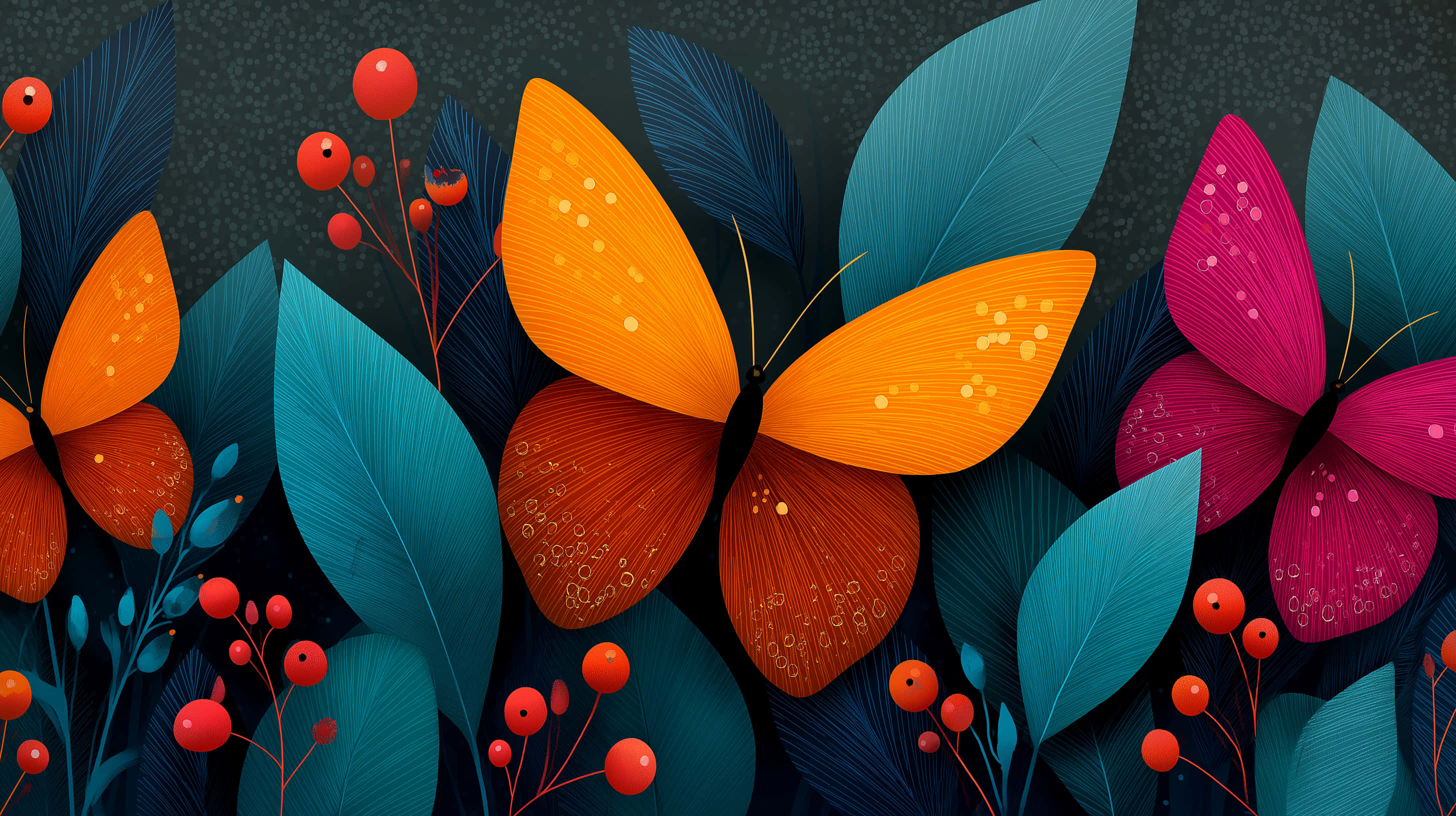 vibrant orange butterflies, magenta butterflies, textured wings, 2K Desktop Wallpaper