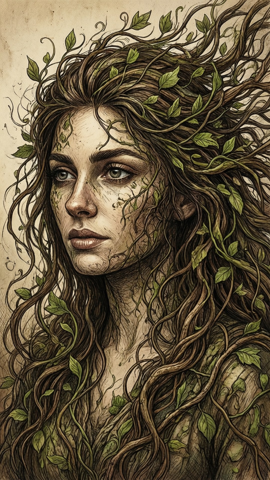 nature goddess, long brown hair, green vines, Full HD Phone Wallpaper