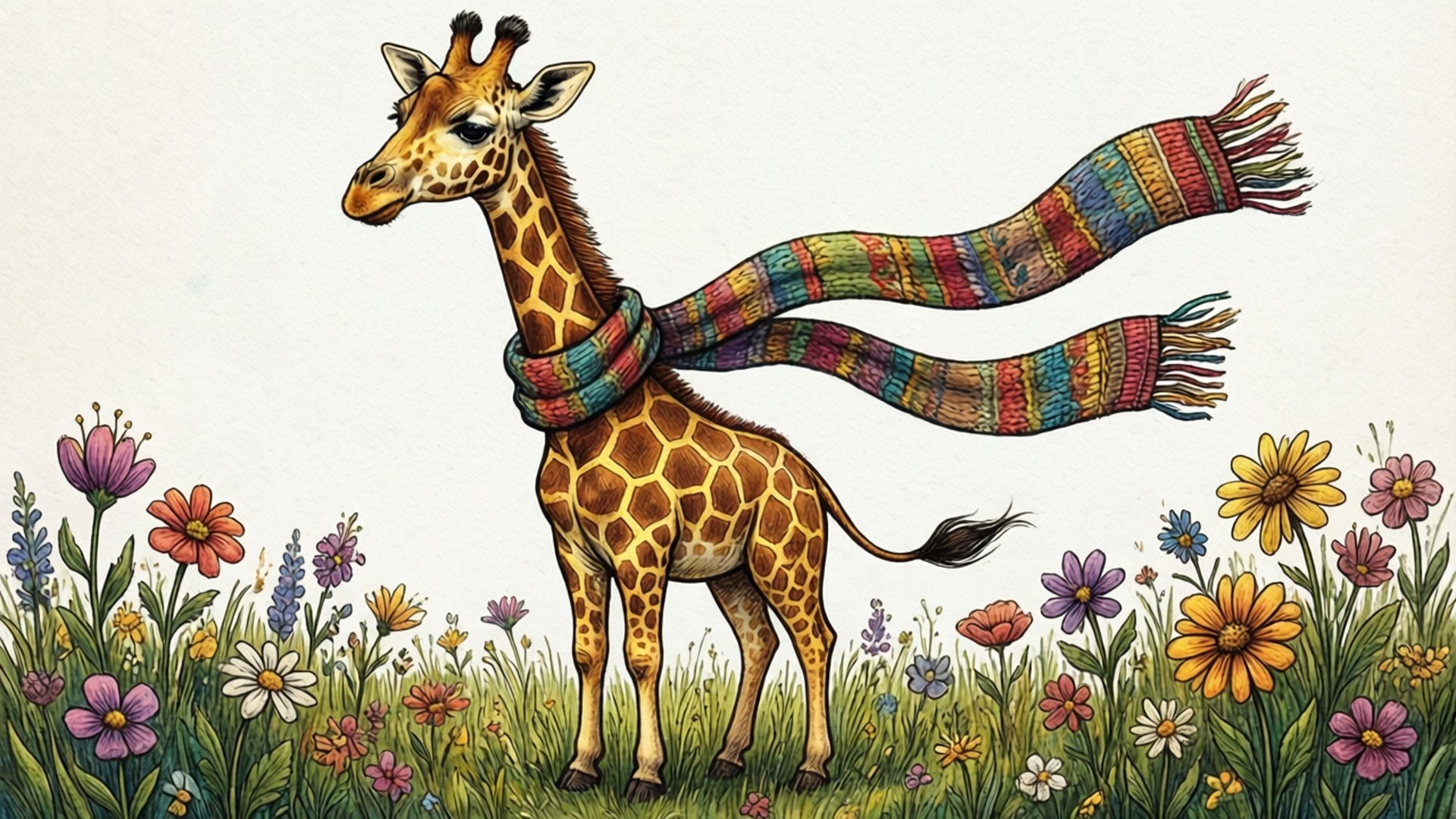 giraffe, colorful knitted scarf, fringed ends, Full HD Desktop Wallpaper