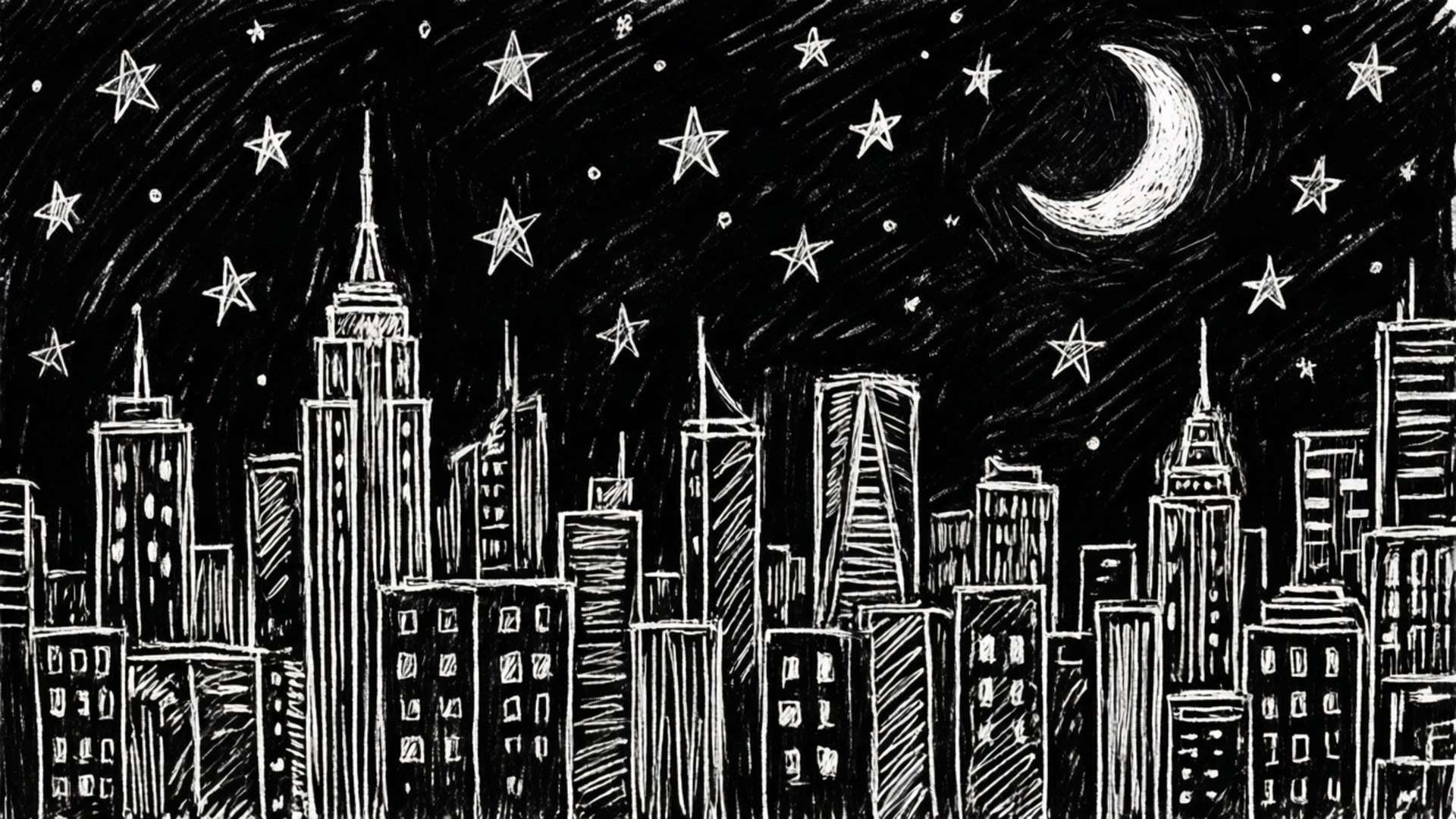 monochrome city night, black and white city skyline, starry night sky, Full HD Desktop Wallpaper