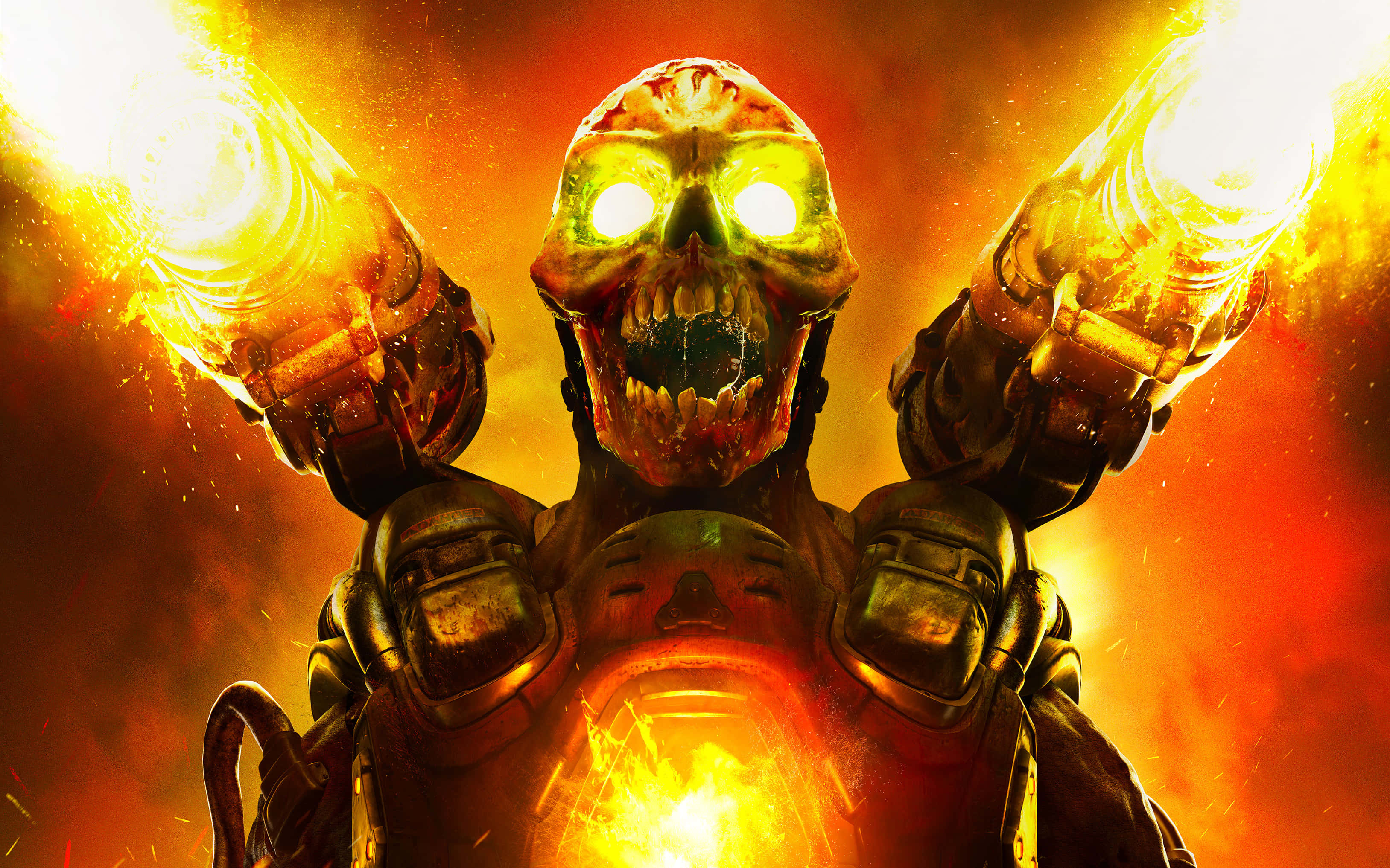 Doom 2016, skull-headed warrior, glowing fiery weapons, 2K Desktop Wallpaper