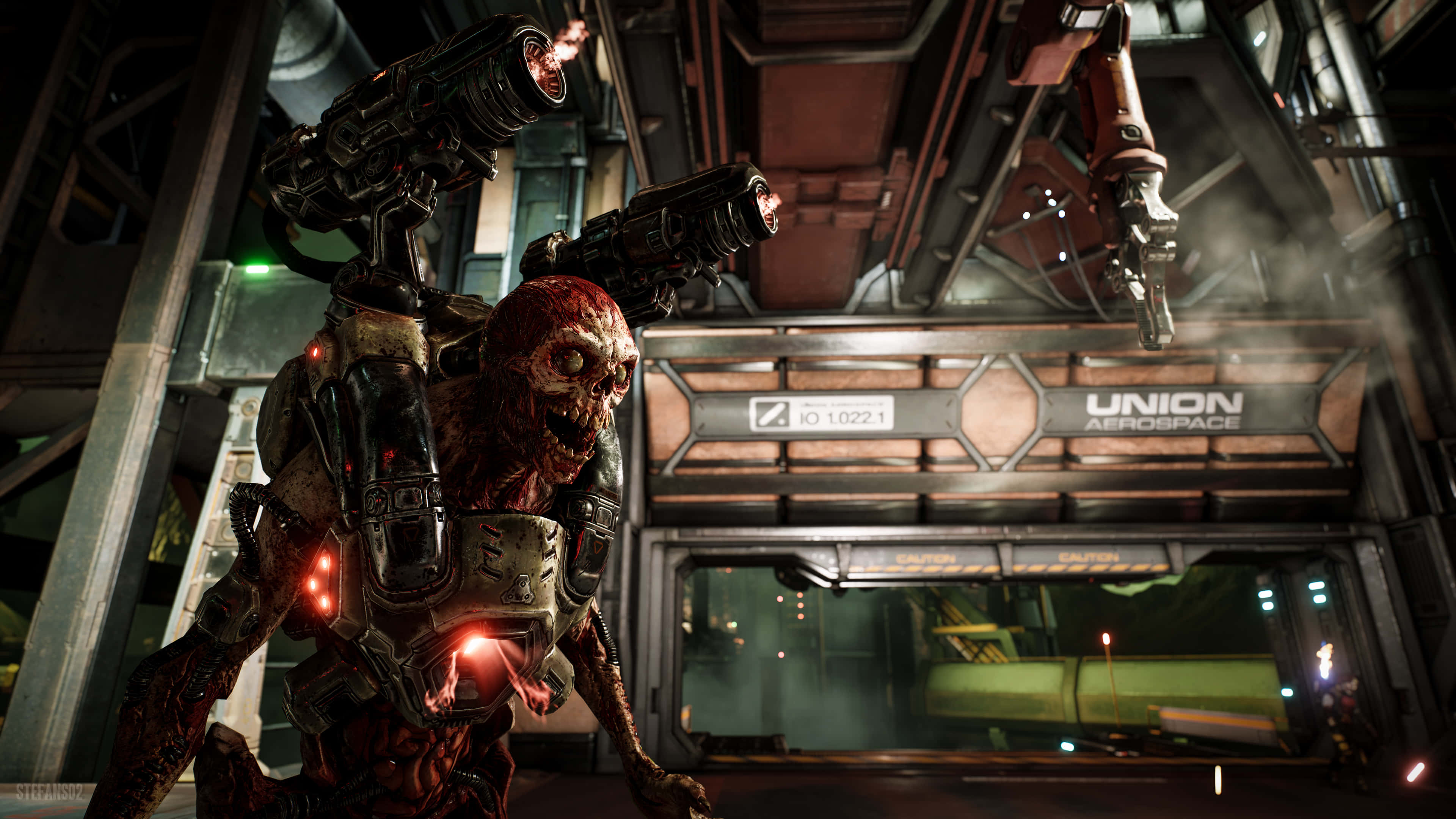 DOOM 2016, biomechanical creature, glowing red eyes, 4K Desktop Wallpaper