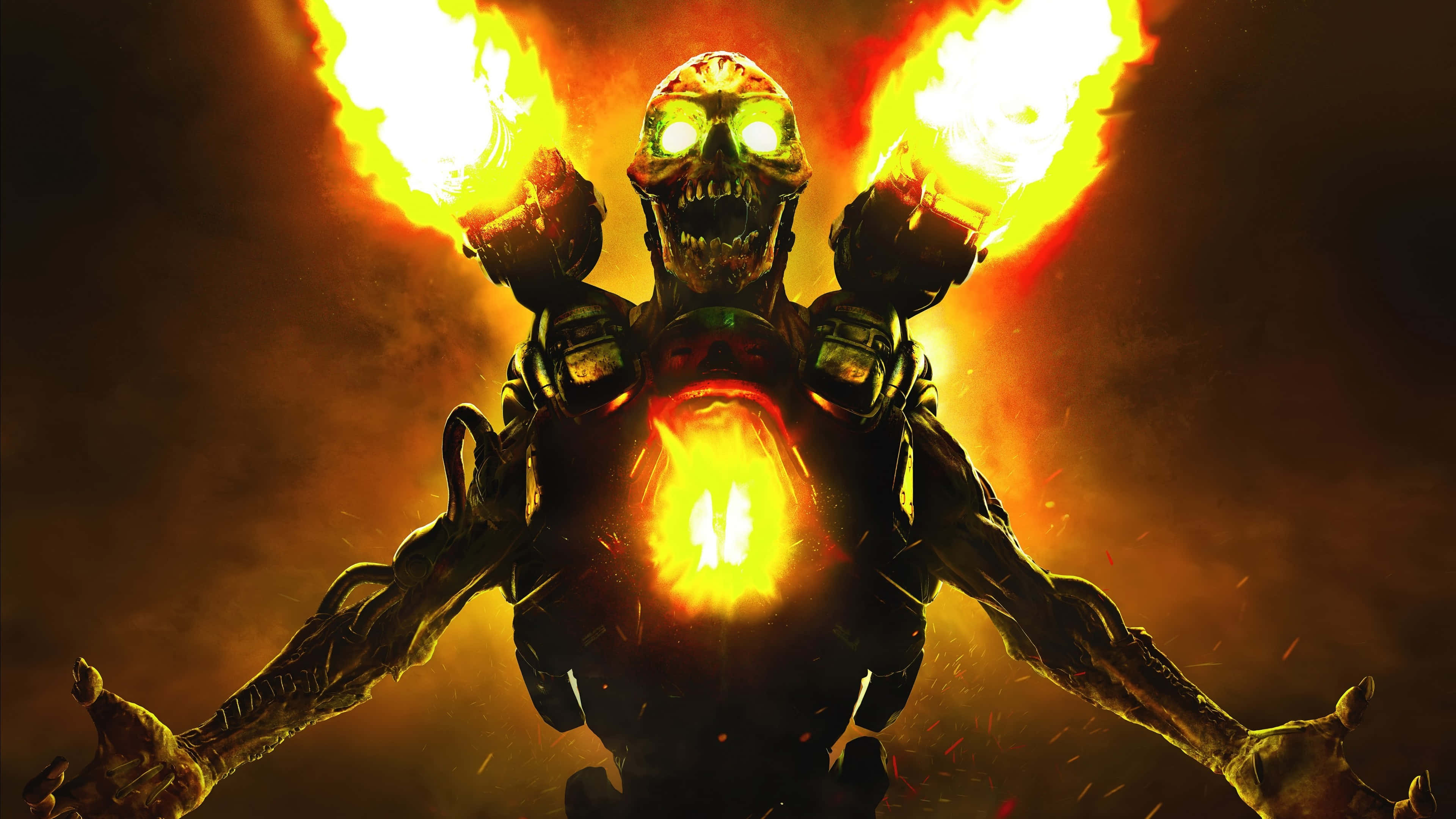 Doom 2016, skeletal figure, glowing green eyes, 4K Desktop Wallpaper