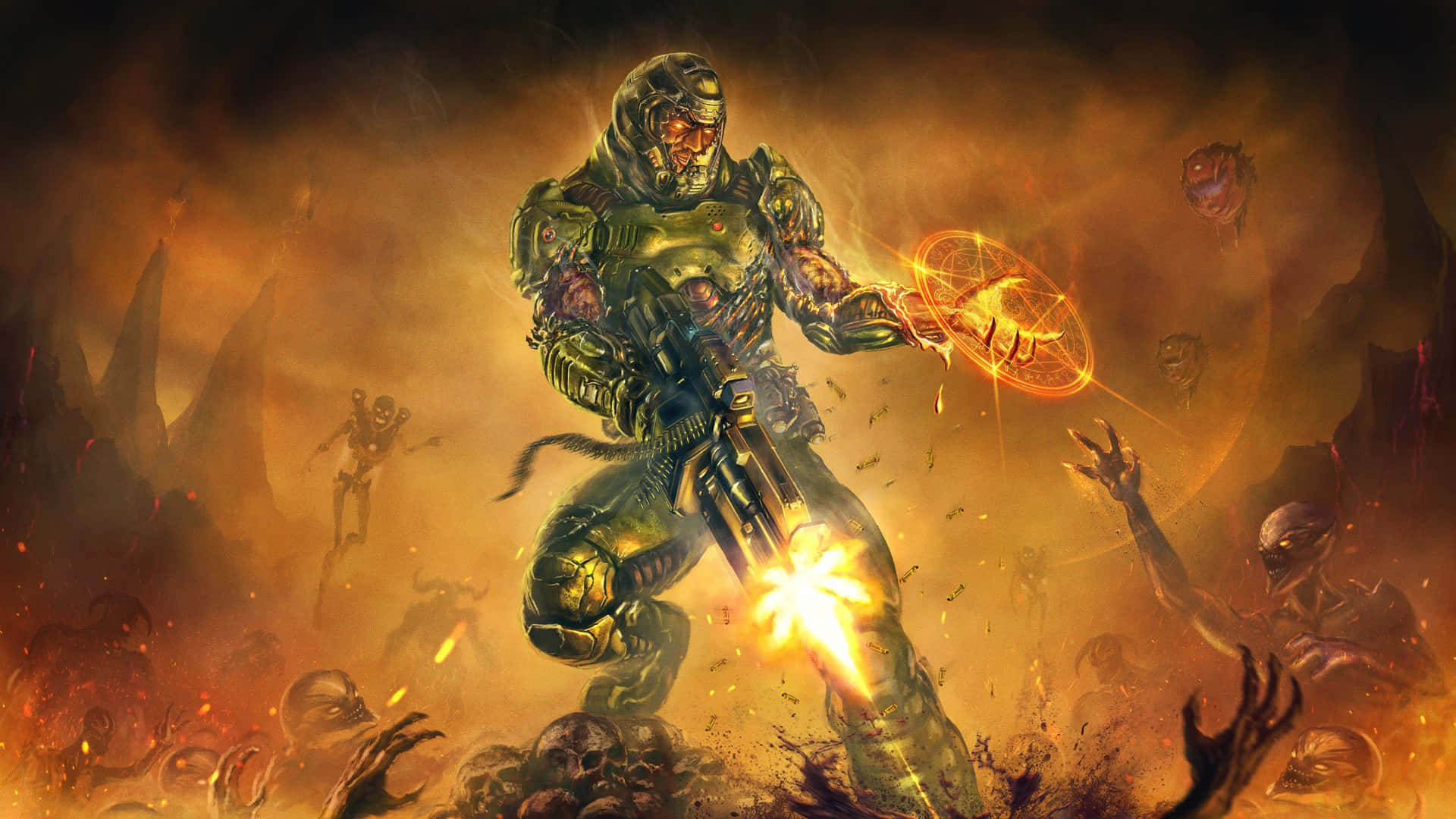 Doom 2016, heavily armored soldier, glowing weapon, Full HD Desktop Wallpaper