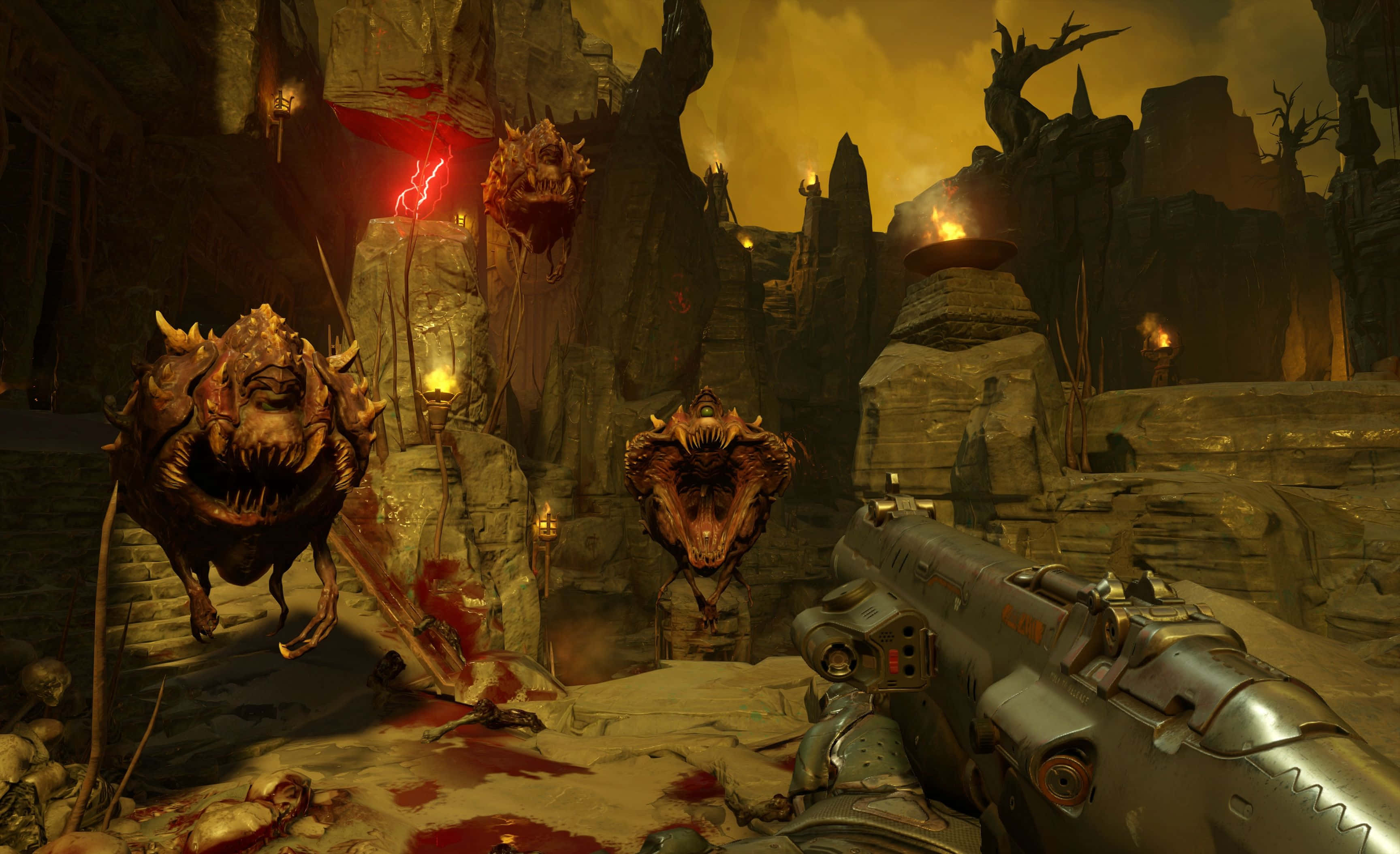 Doom 2016, demon, bloodstained rocky dungeon, 2K Desktop Wallpaper