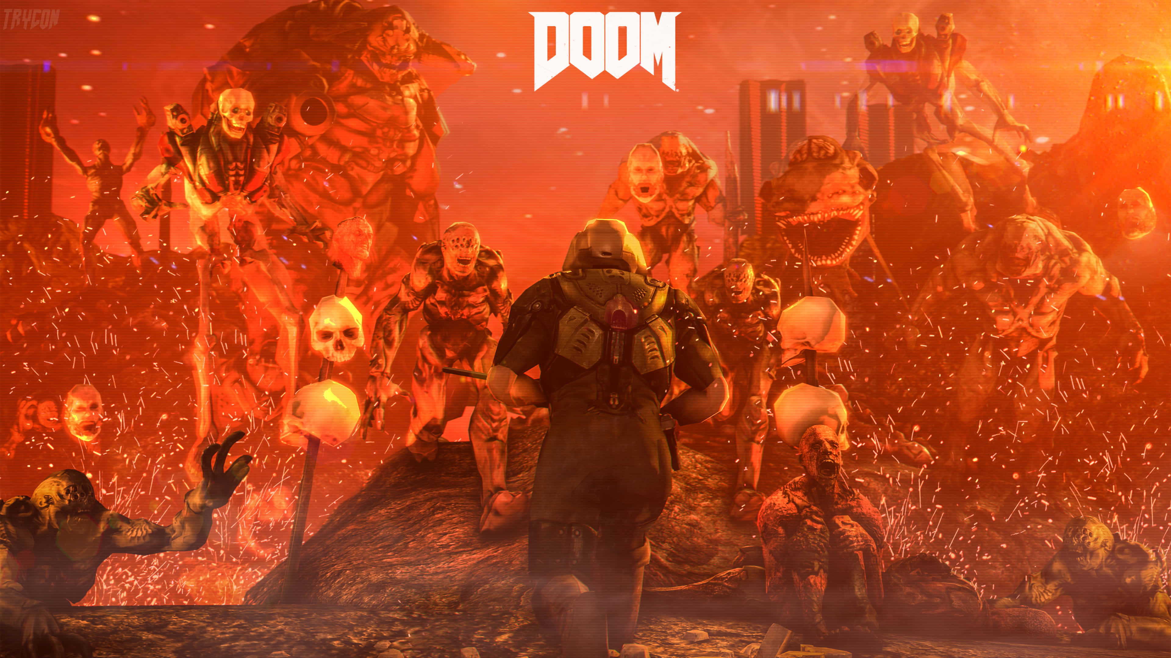 Doom 2016, soldier in armor, horde of demonic creatures, 4K Desktop Wallpaper