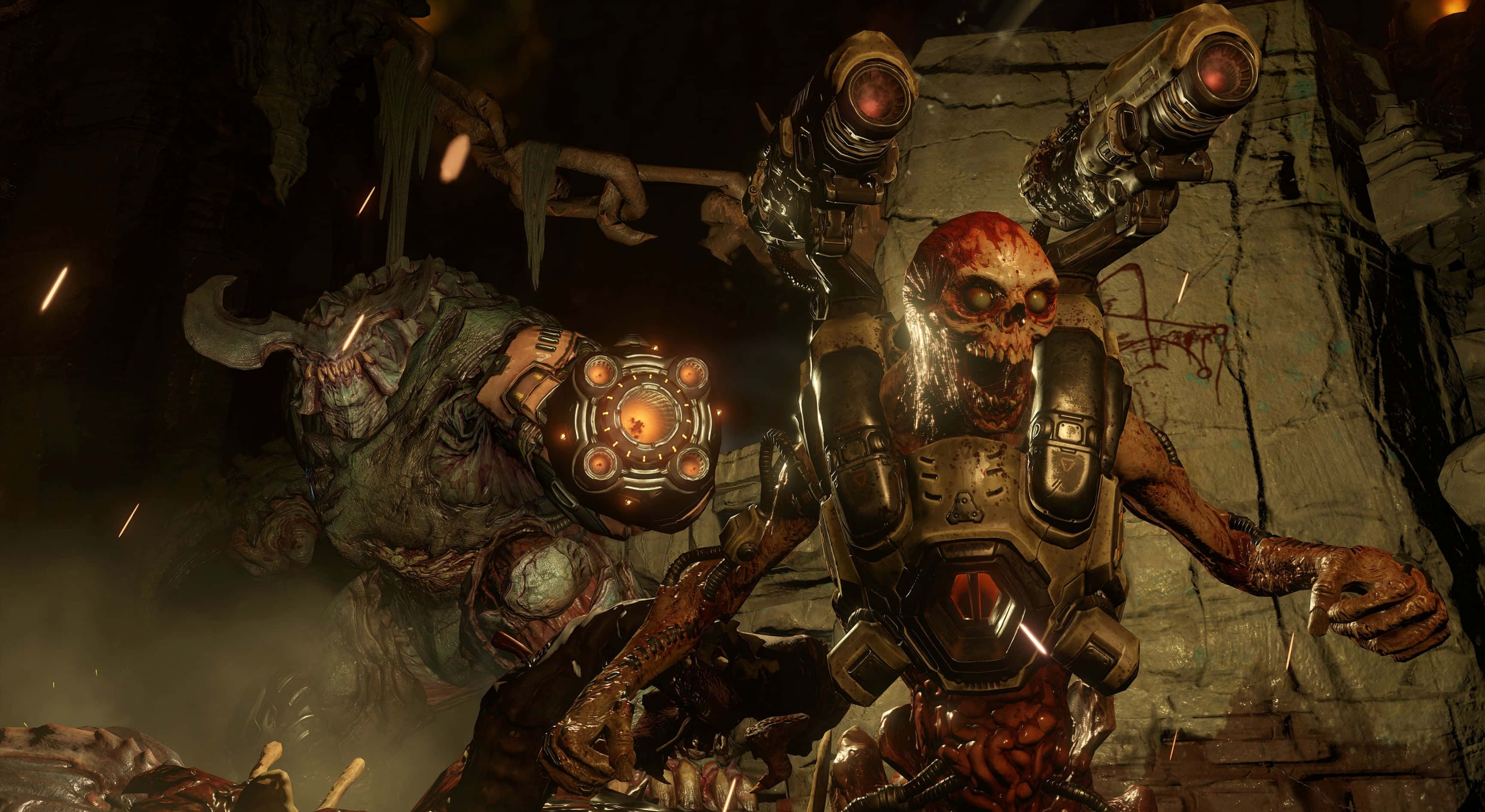 Doom 2016, biomechanical monsters, glowing eyes, 2K Desktop Wallpaper