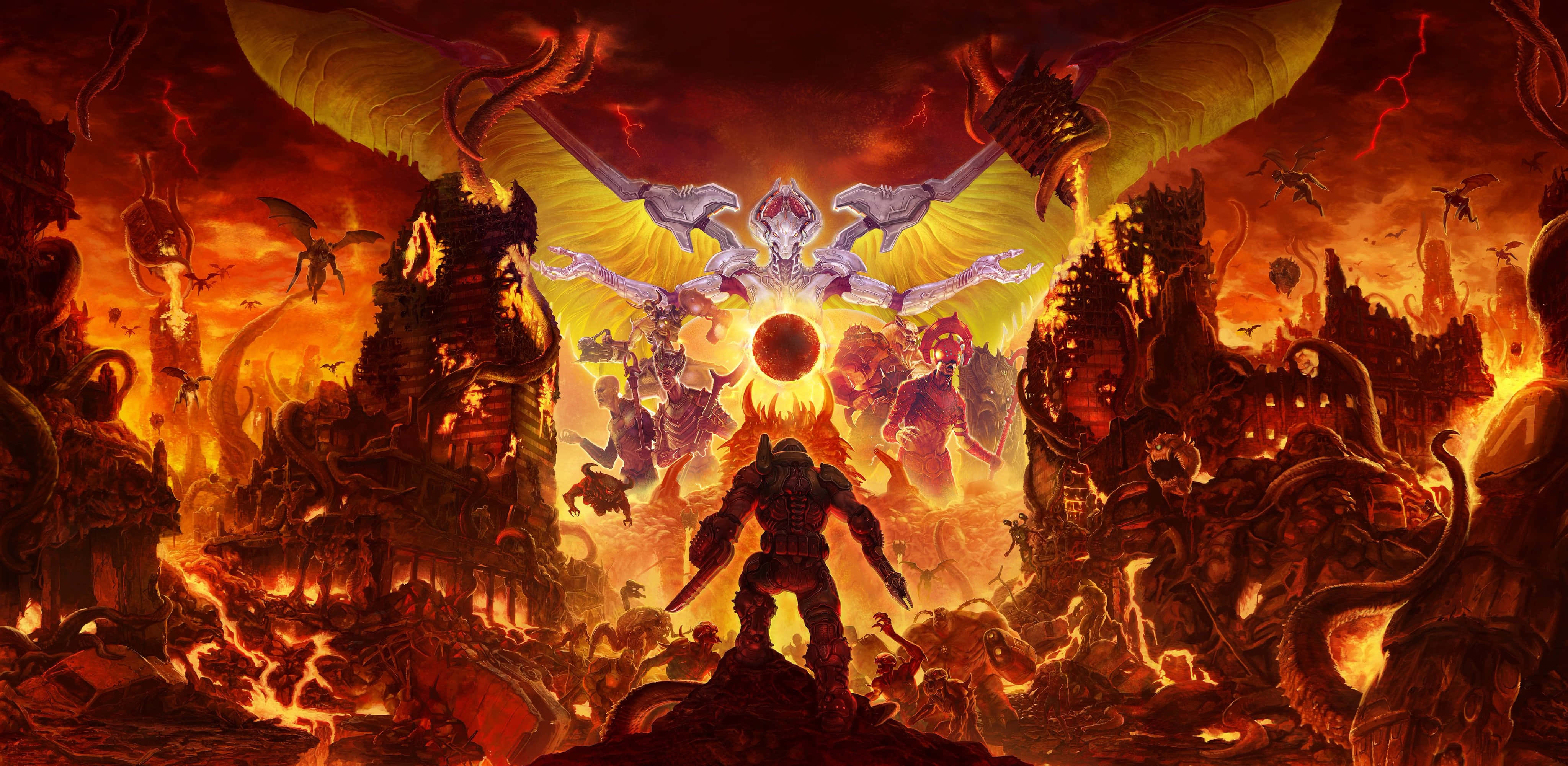 Doom 2016, warrior, colossal winged demon, 4K Desktop Wallpaper